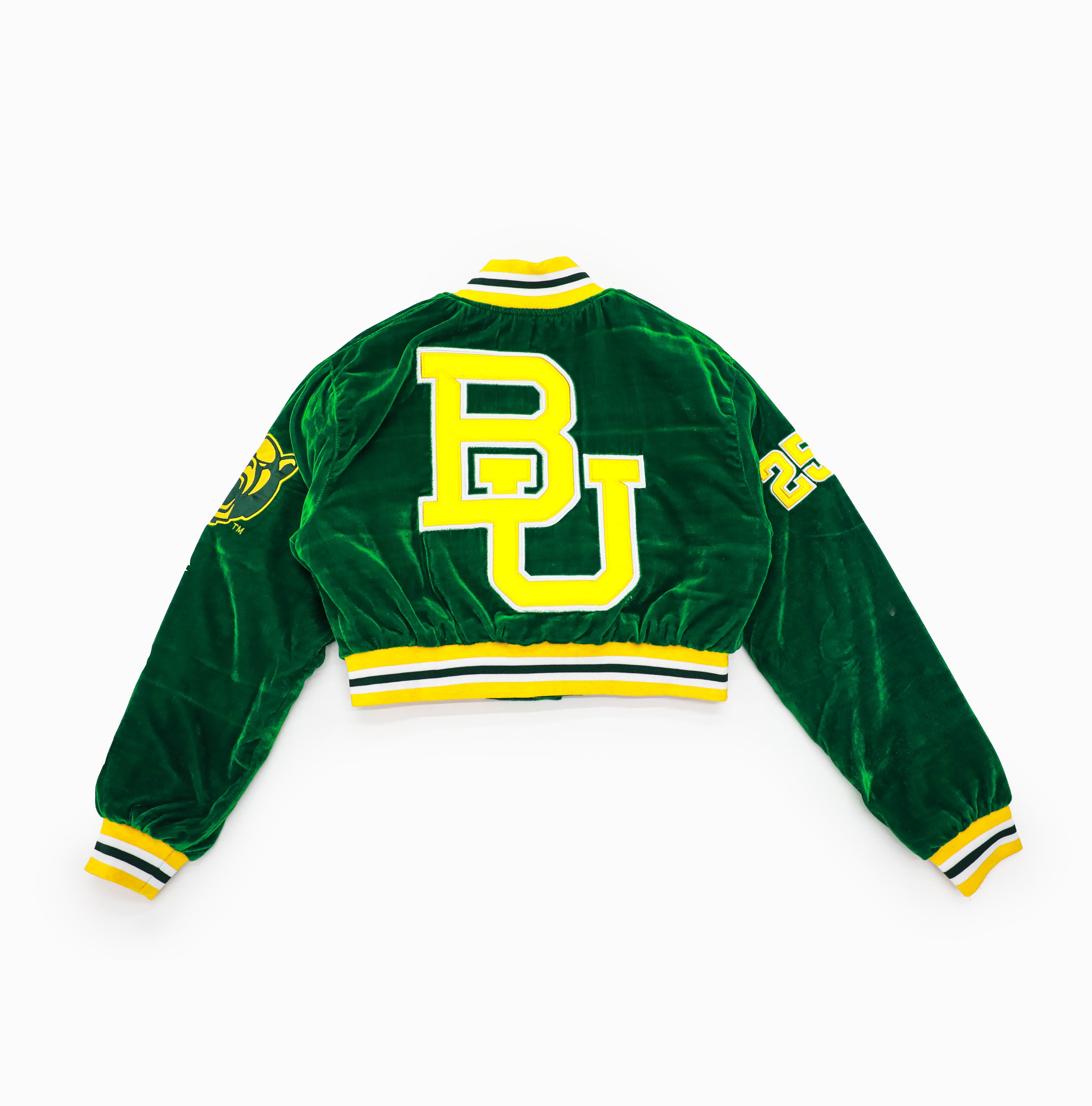 YK1K x Baylor Luxe Velvet Cropped Varsity Jacket