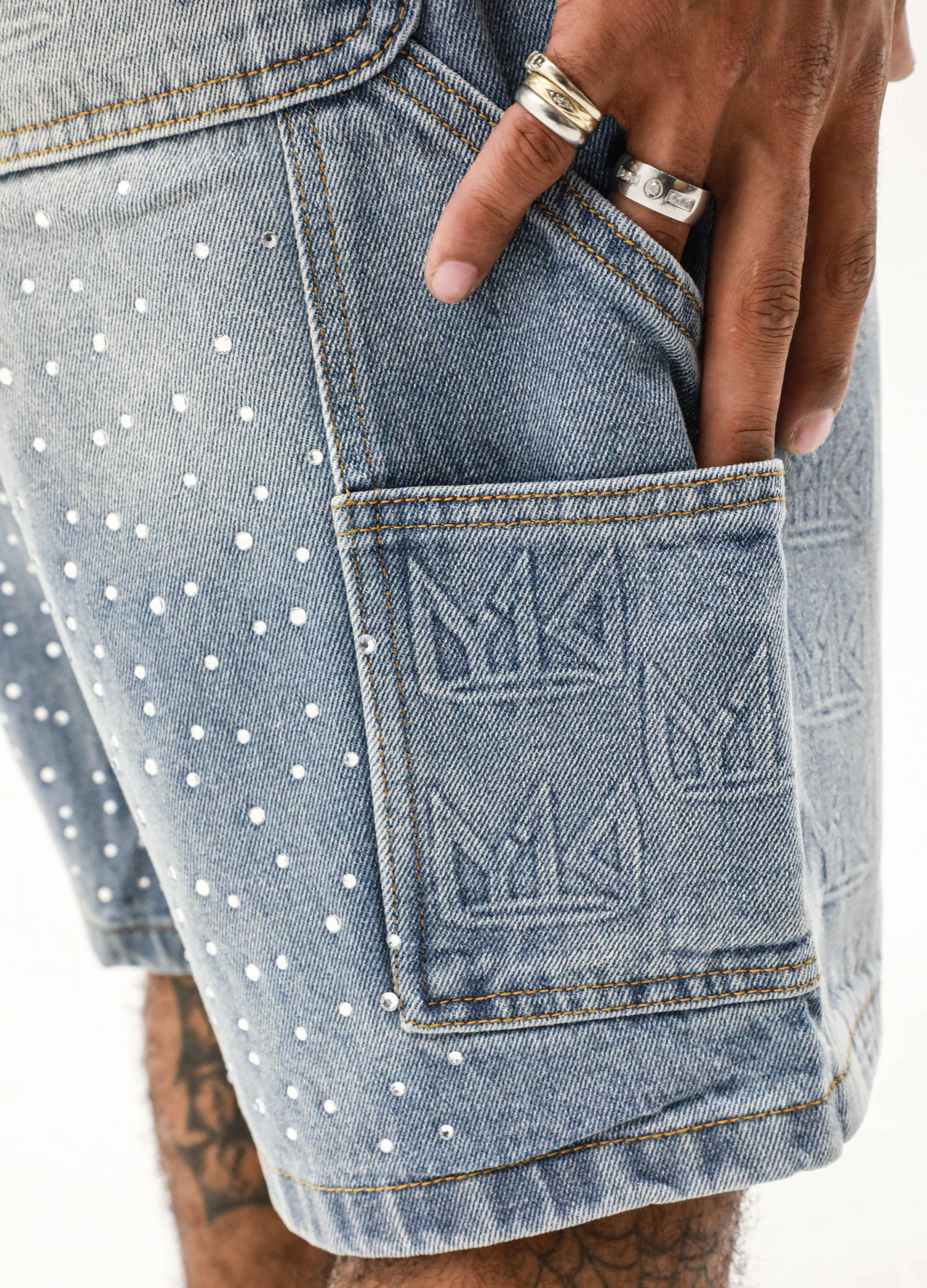 YK1K Embellished Denim Workwear Shorts
