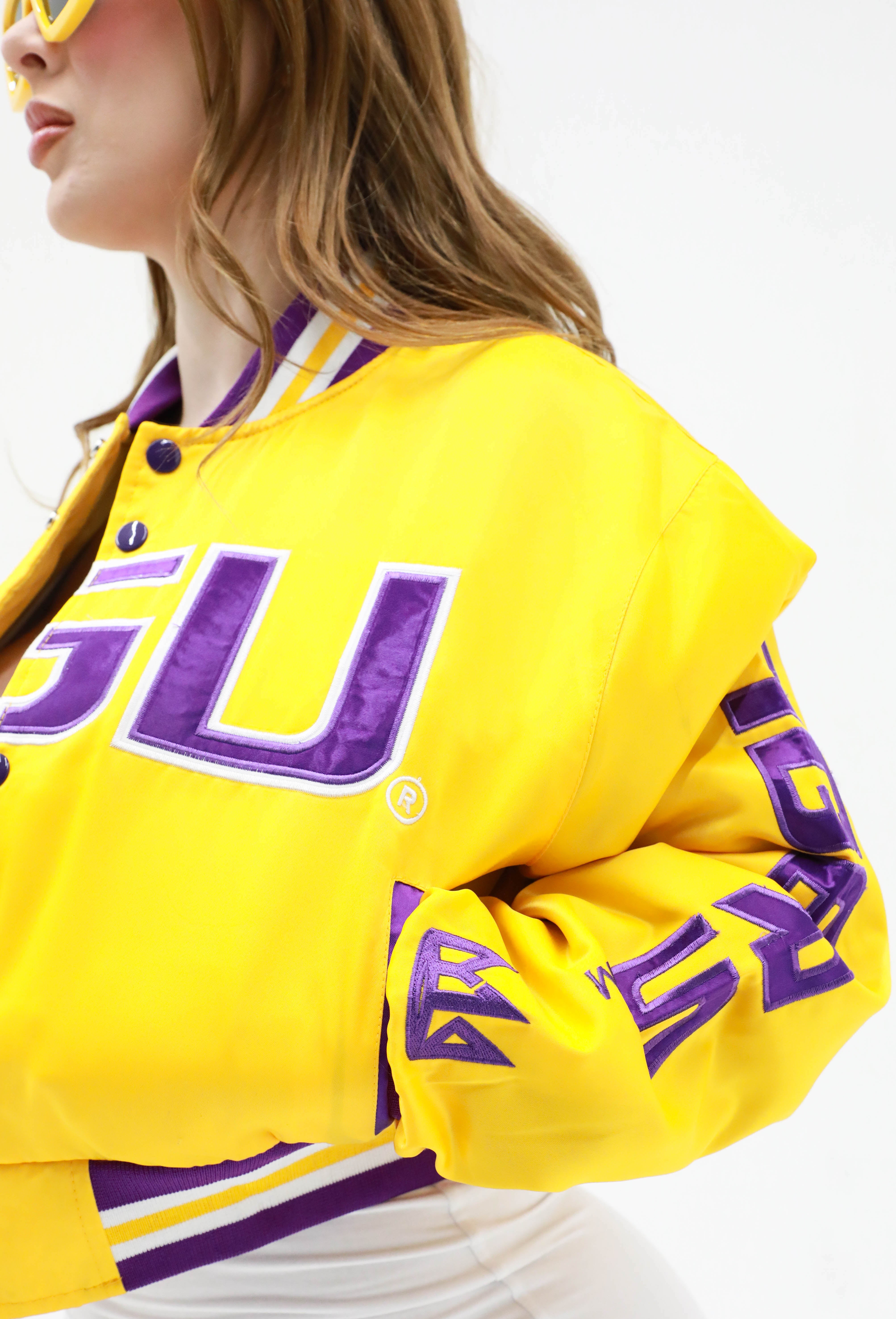 LSU YK1K SATIN VARSITY JACKET CROPPED GOLD PREORDER