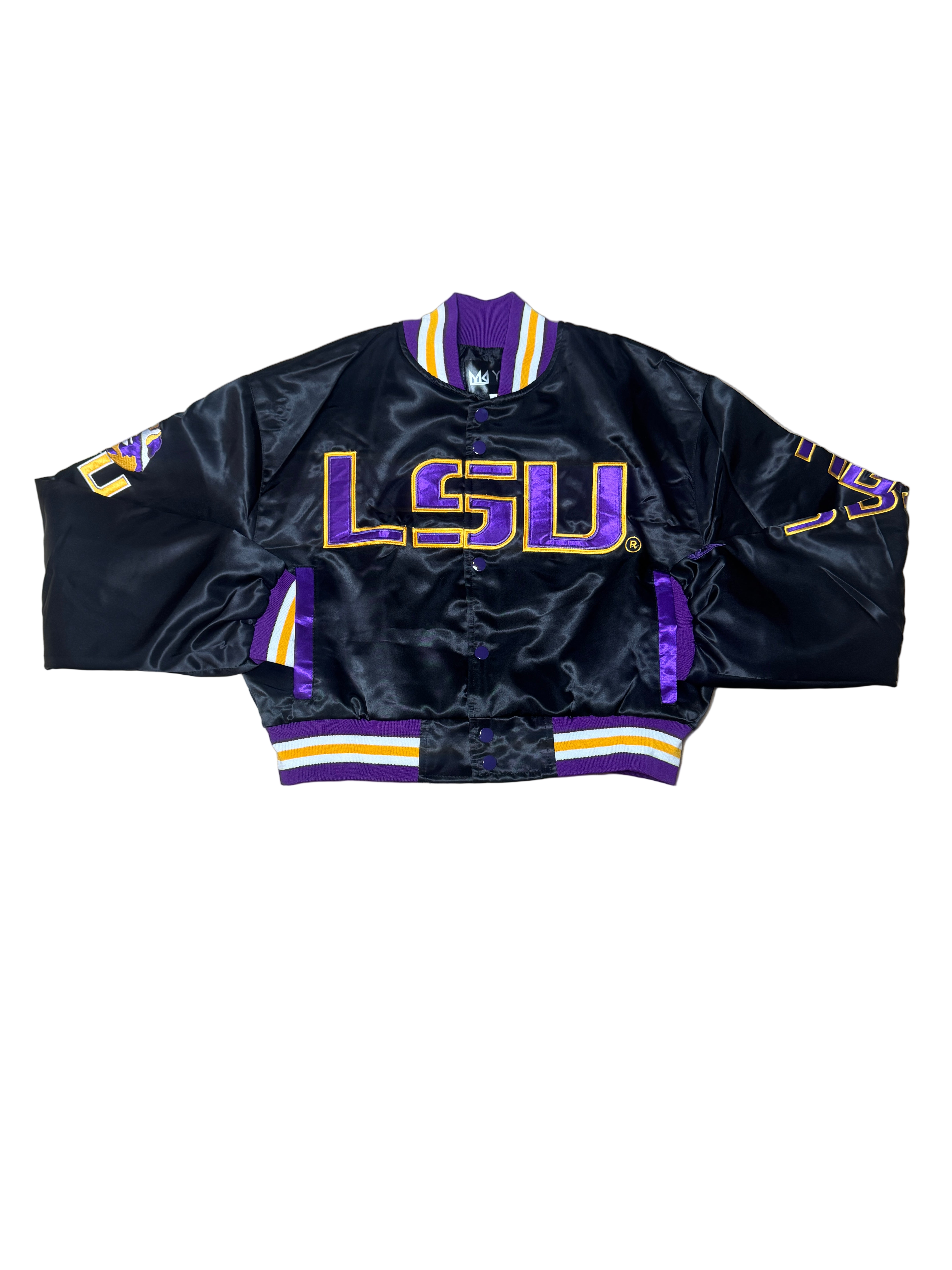 LSU YK1K SATIN VARSITY JACKET CROPPED BLACK