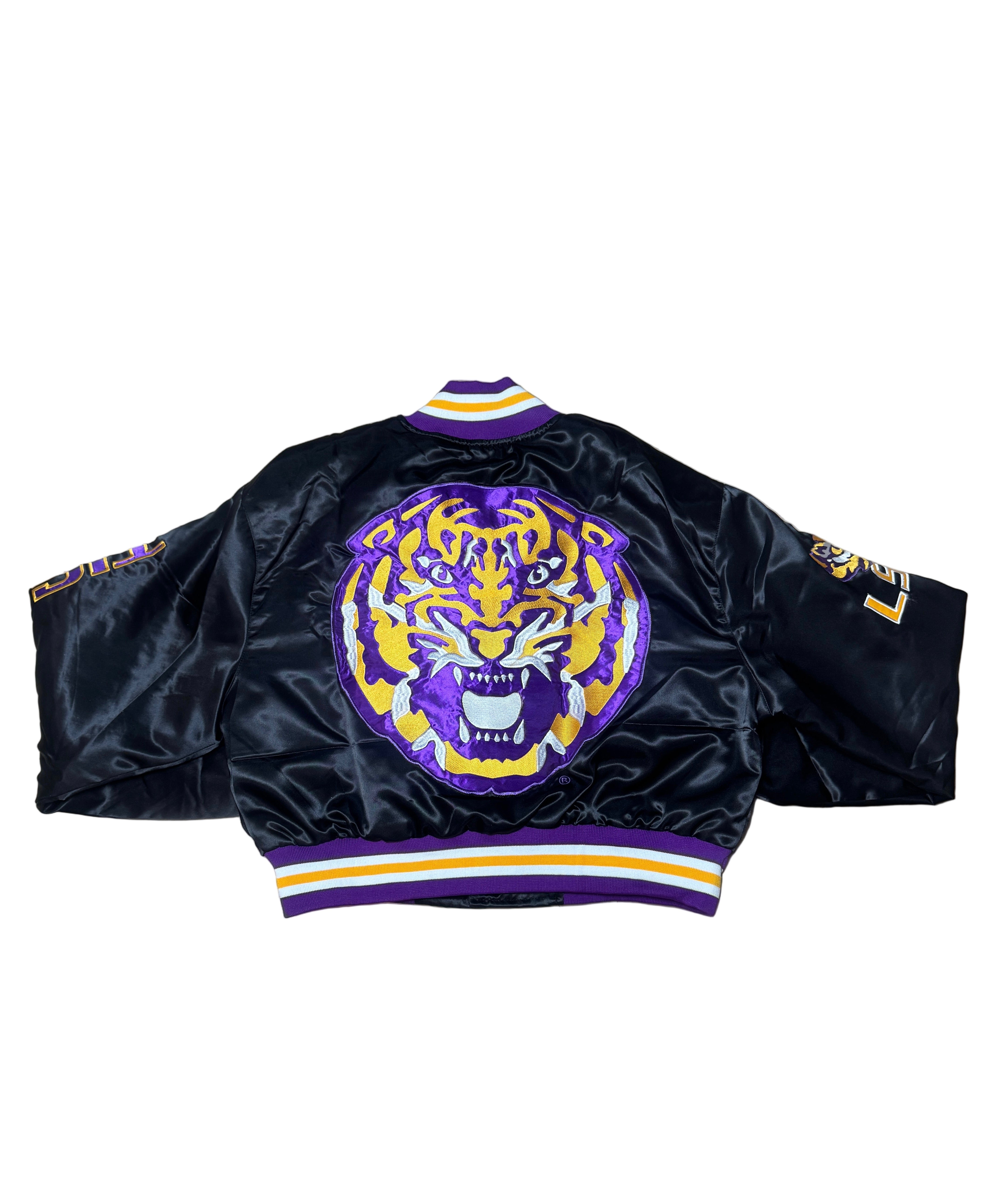 LSU YK1K SATIN VARSITY JACKET CROPPED BLACK