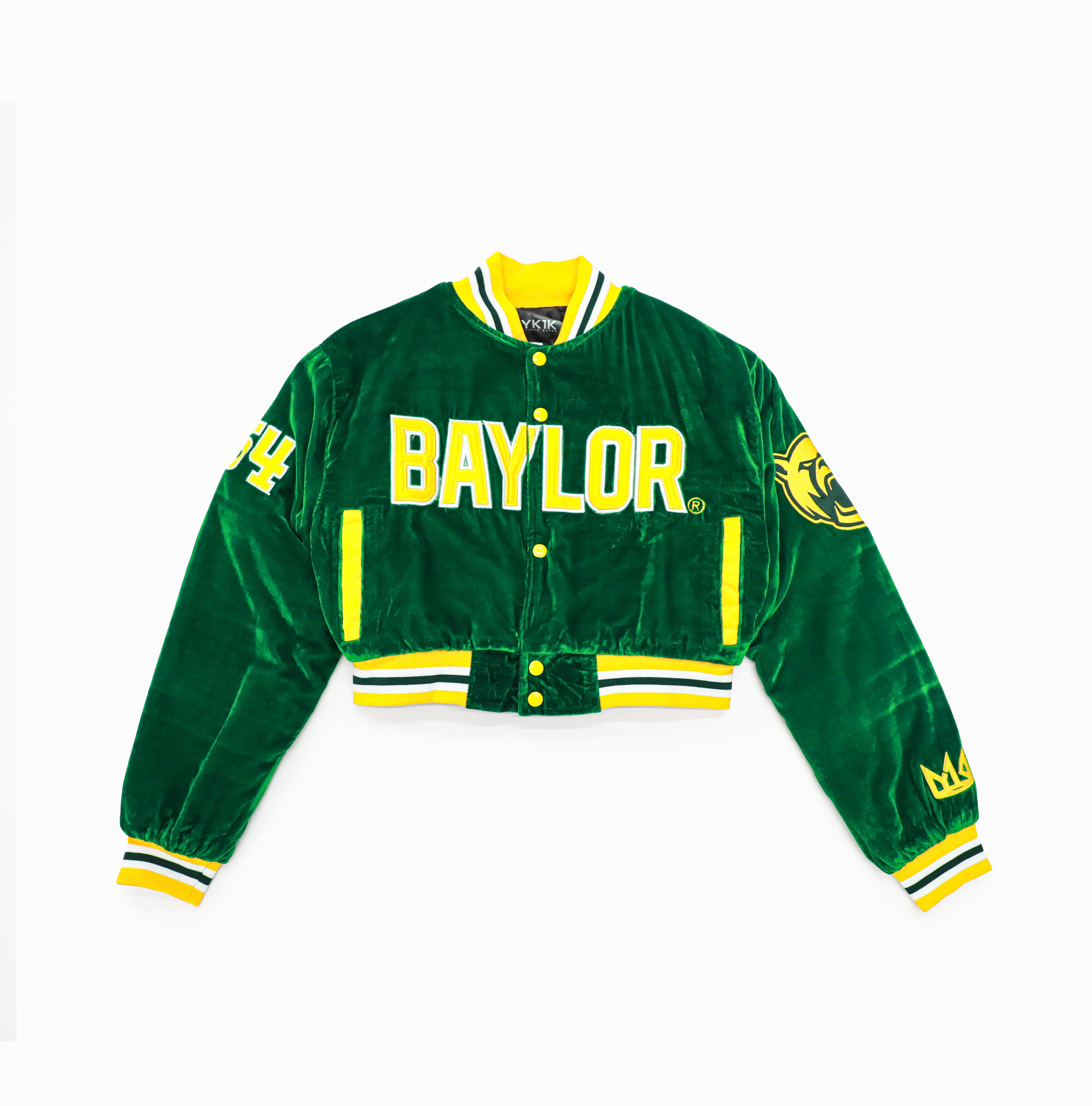 YK1K x Baylor Luxe Velvet Cropped Varsity Jacket