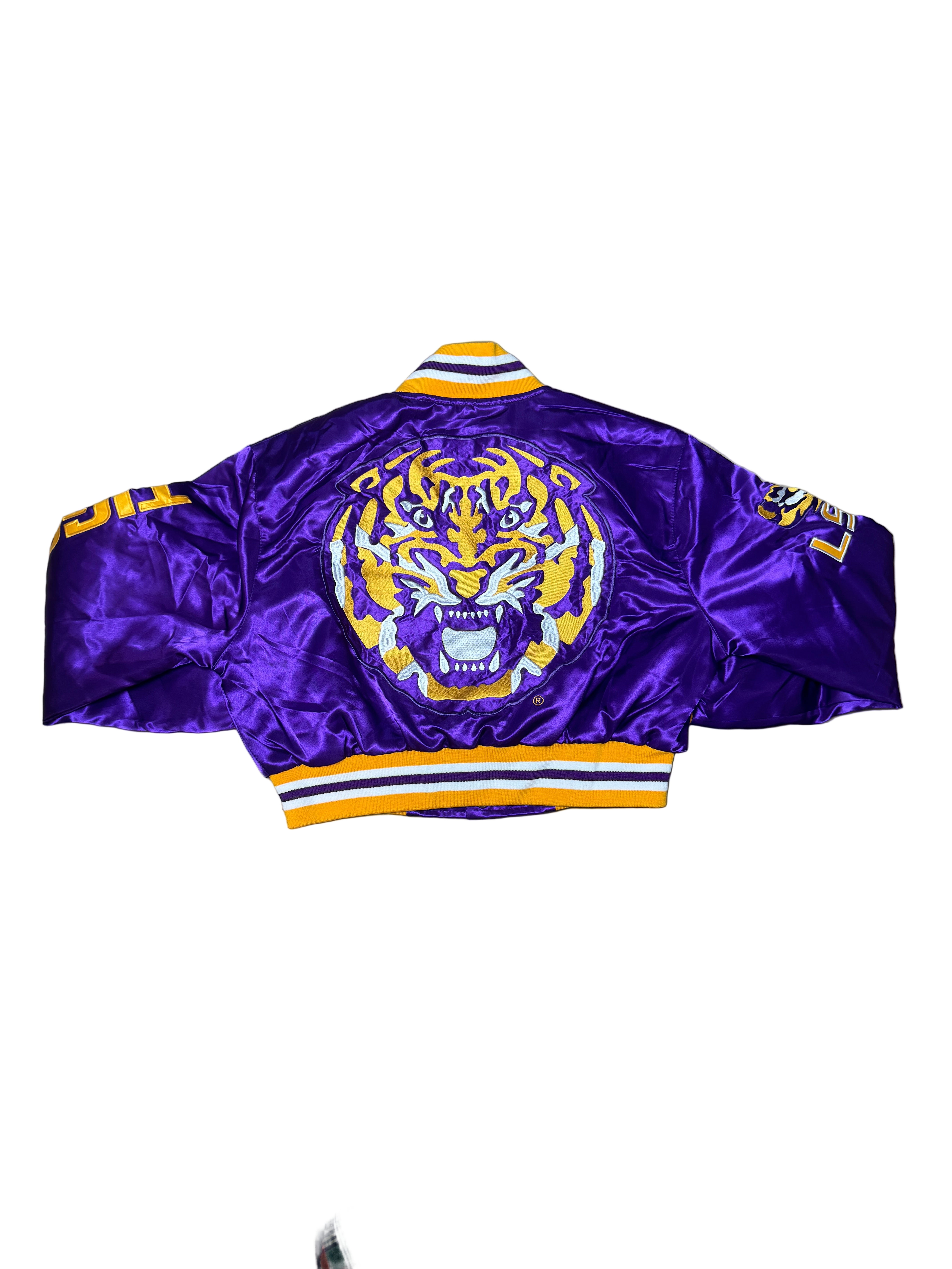 LSU YK1K SATIN VARSITY JACKET CROPPED PURPLE