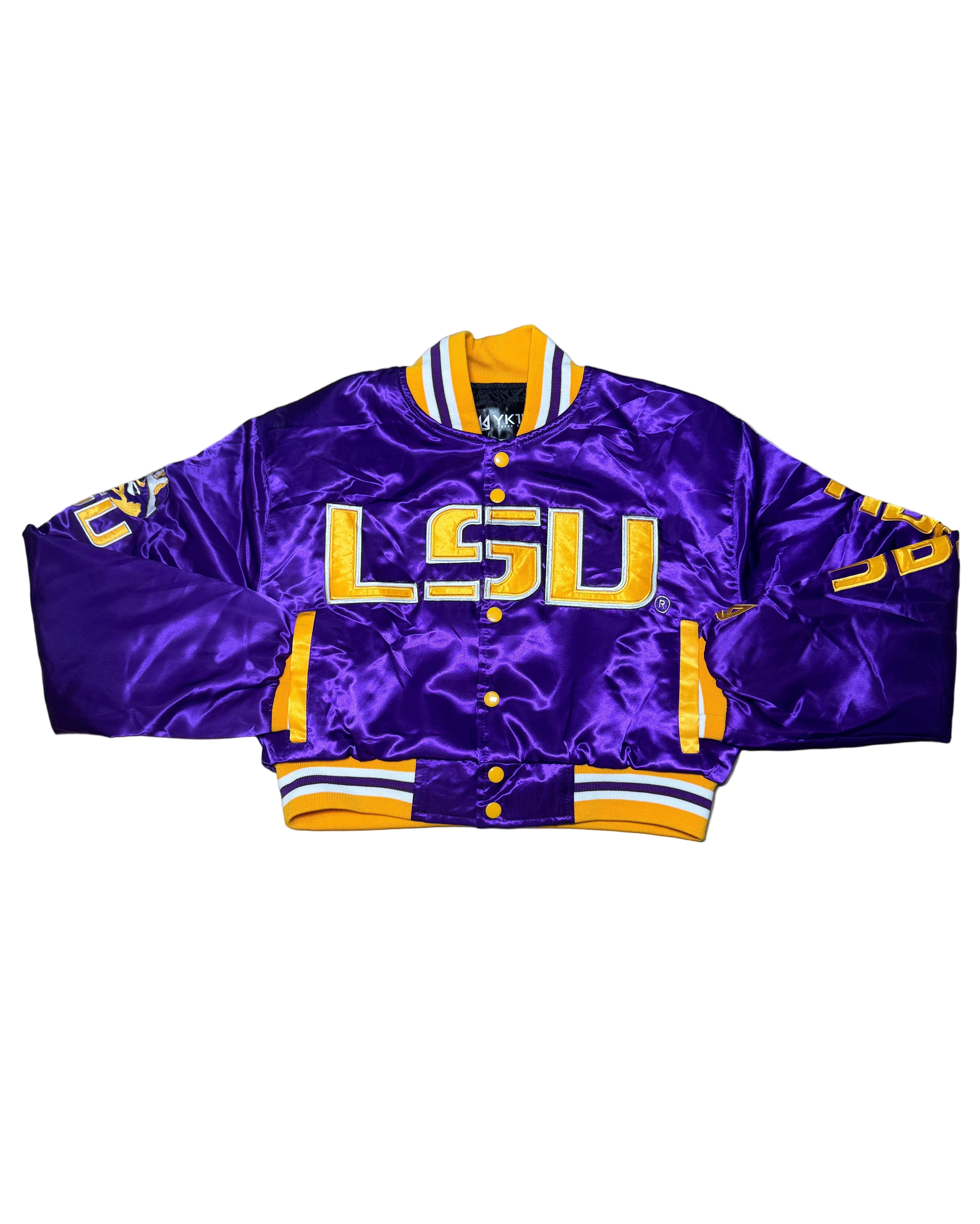 LSU YK1K SATIN VARSITY JACKET CROPPED PURPLE