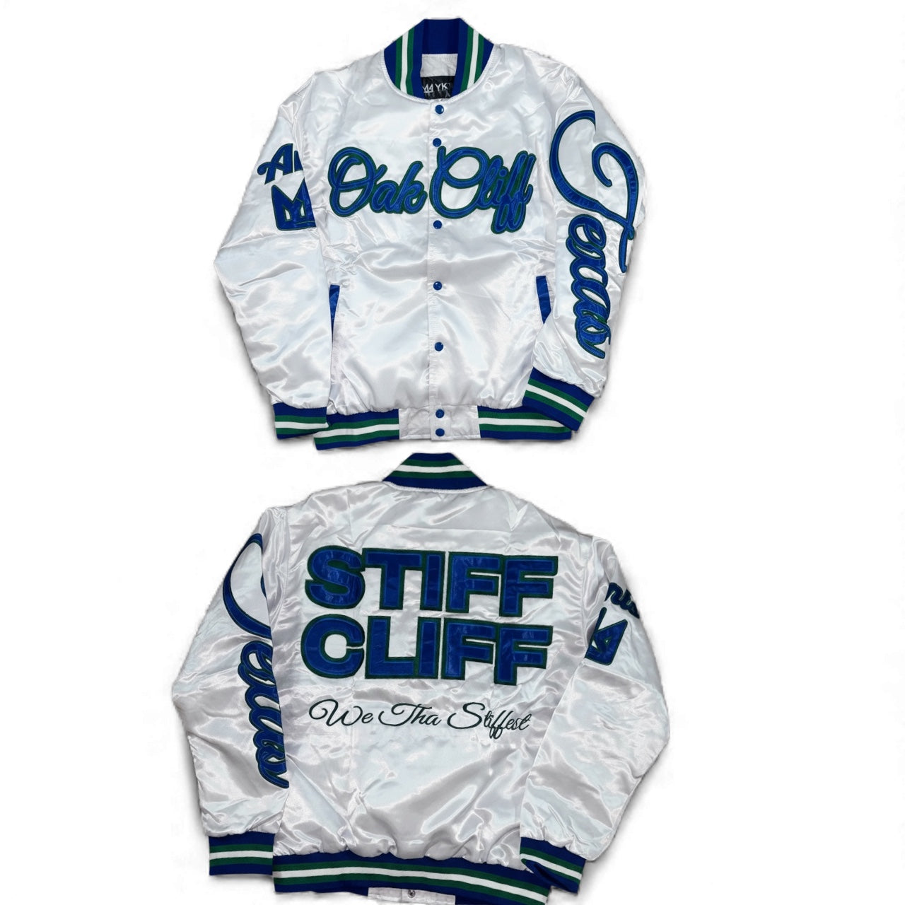 OAK CLIFF SATIN VARSITY JACKET WHITE
