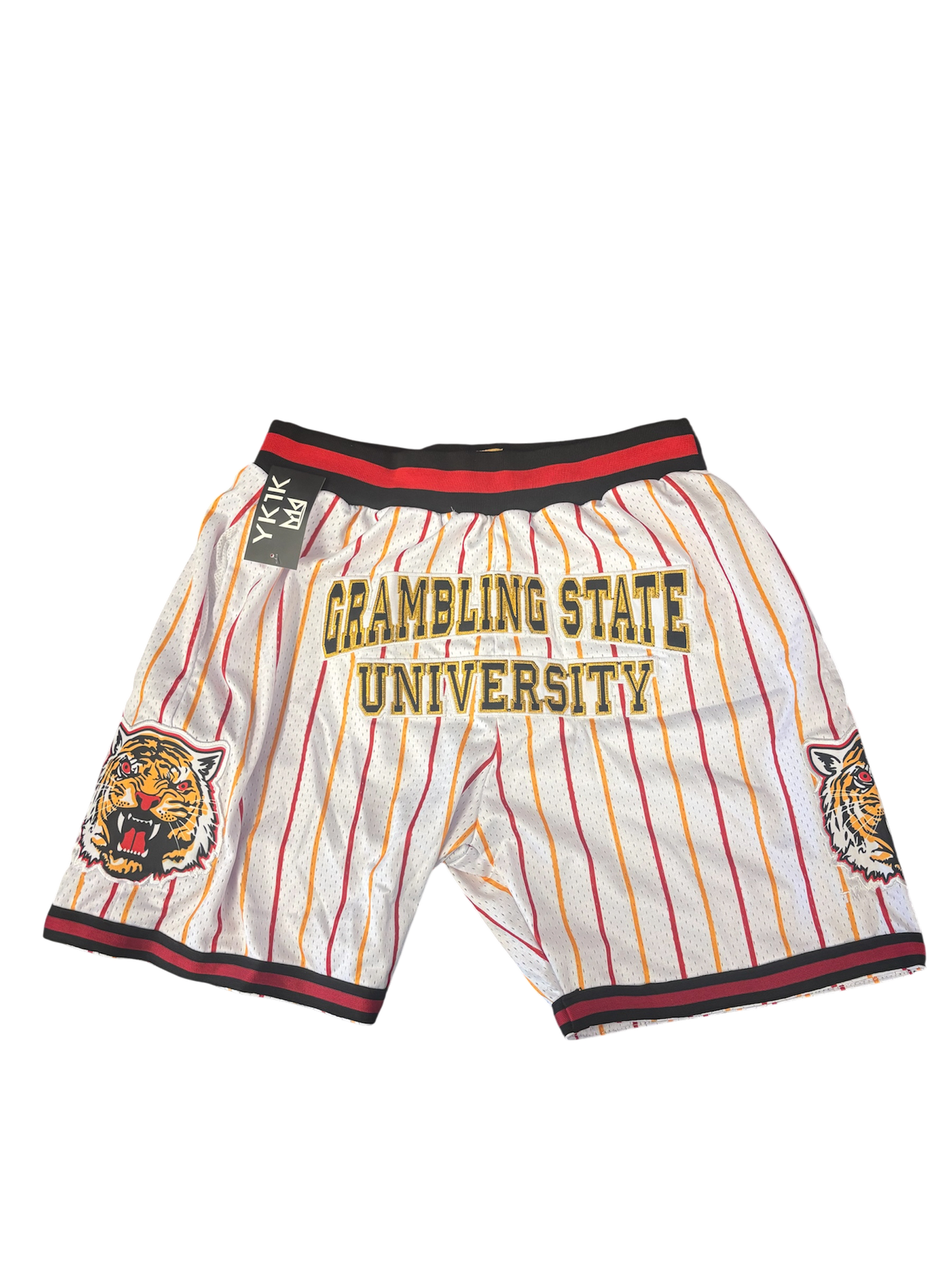 GRAMBLING STATE UNIVERSITY BASKETBALL SHORTS WHITE AND RED/OLD GOLD PINSTRIPE