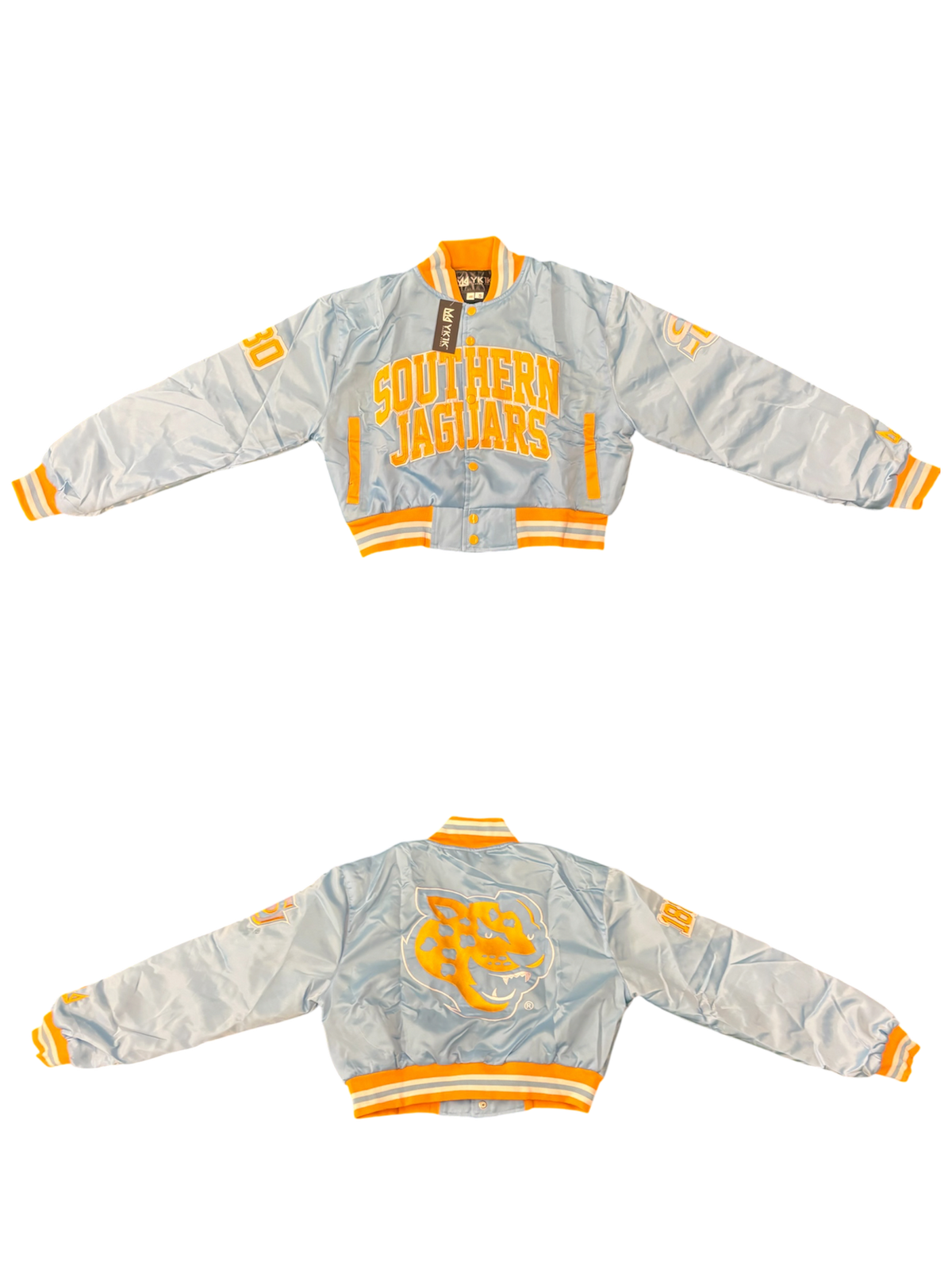 SOUTHERN UNIVERISTY YK1K SATIN VARSITY JACKET CROPPED BABY BLUE