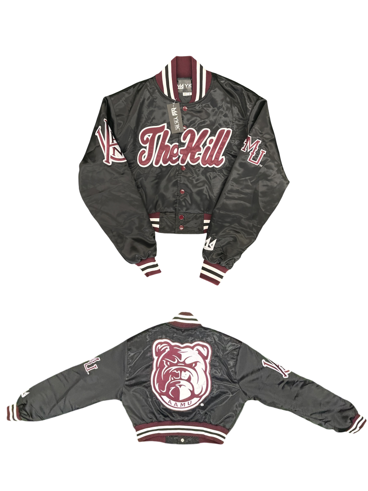 ALABAMA A&M YK1K SATIN VARSITY JACKET BLACK CROPPED