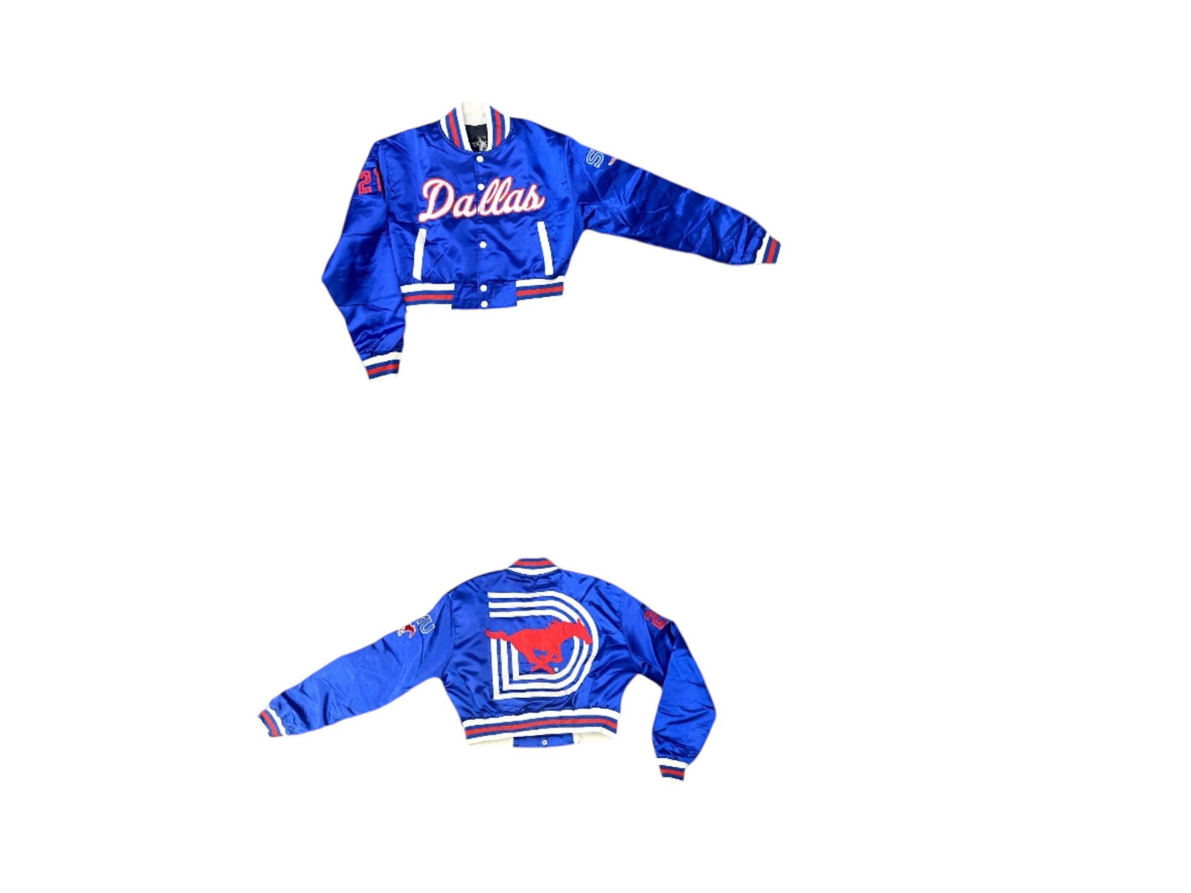 SMU/YK1K WOMENS SATIN CROPPED VARSITY JACKET BLUE