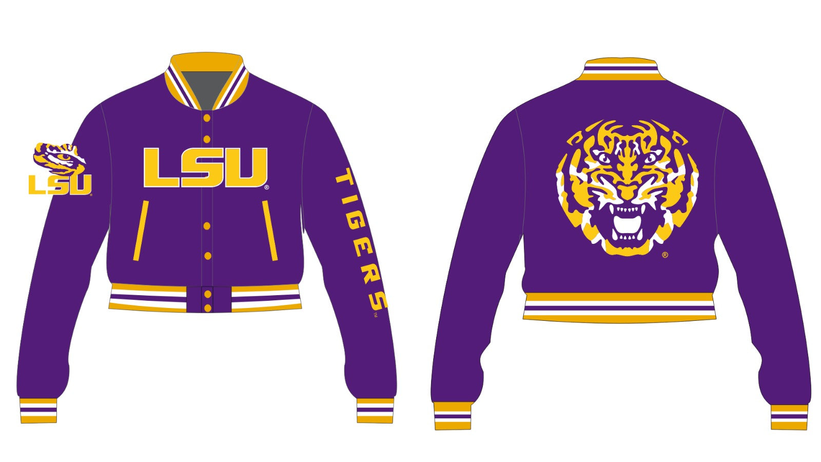 LSU YK1K SATIN VARSITY JACKET PRE-ORDER CROPPED PURPLE