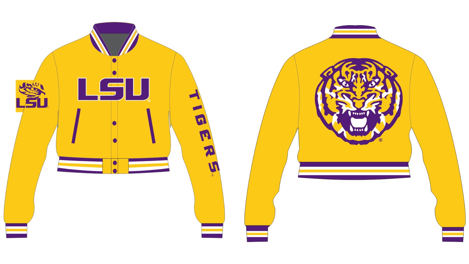 LSU YK1K SATIN VARSITY JACKET CROPPED GOLD PREORDER