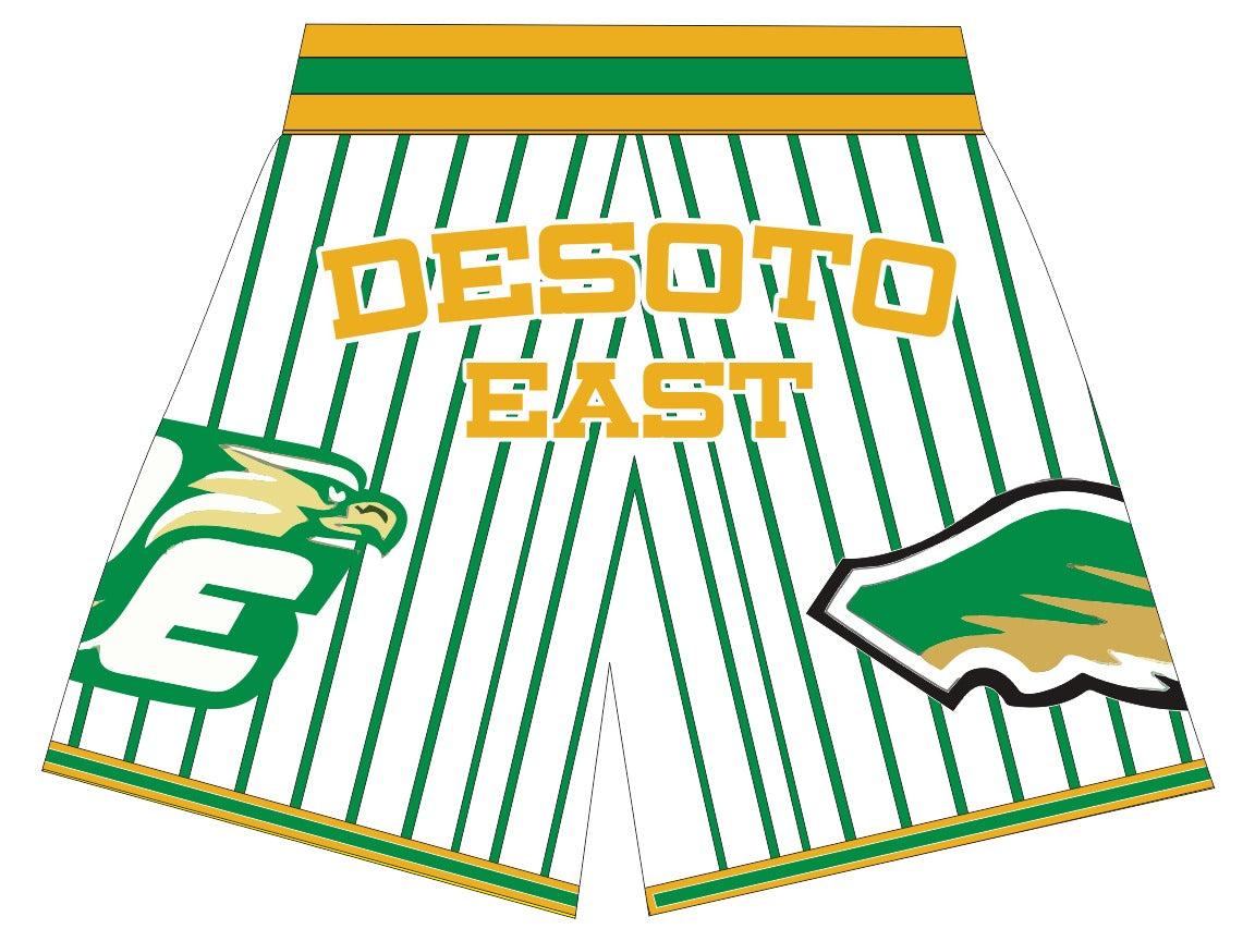 DESOTO EAST BASKETBALL SHORTS WHITE GREEN PINSTRIPES PRE-ORDER