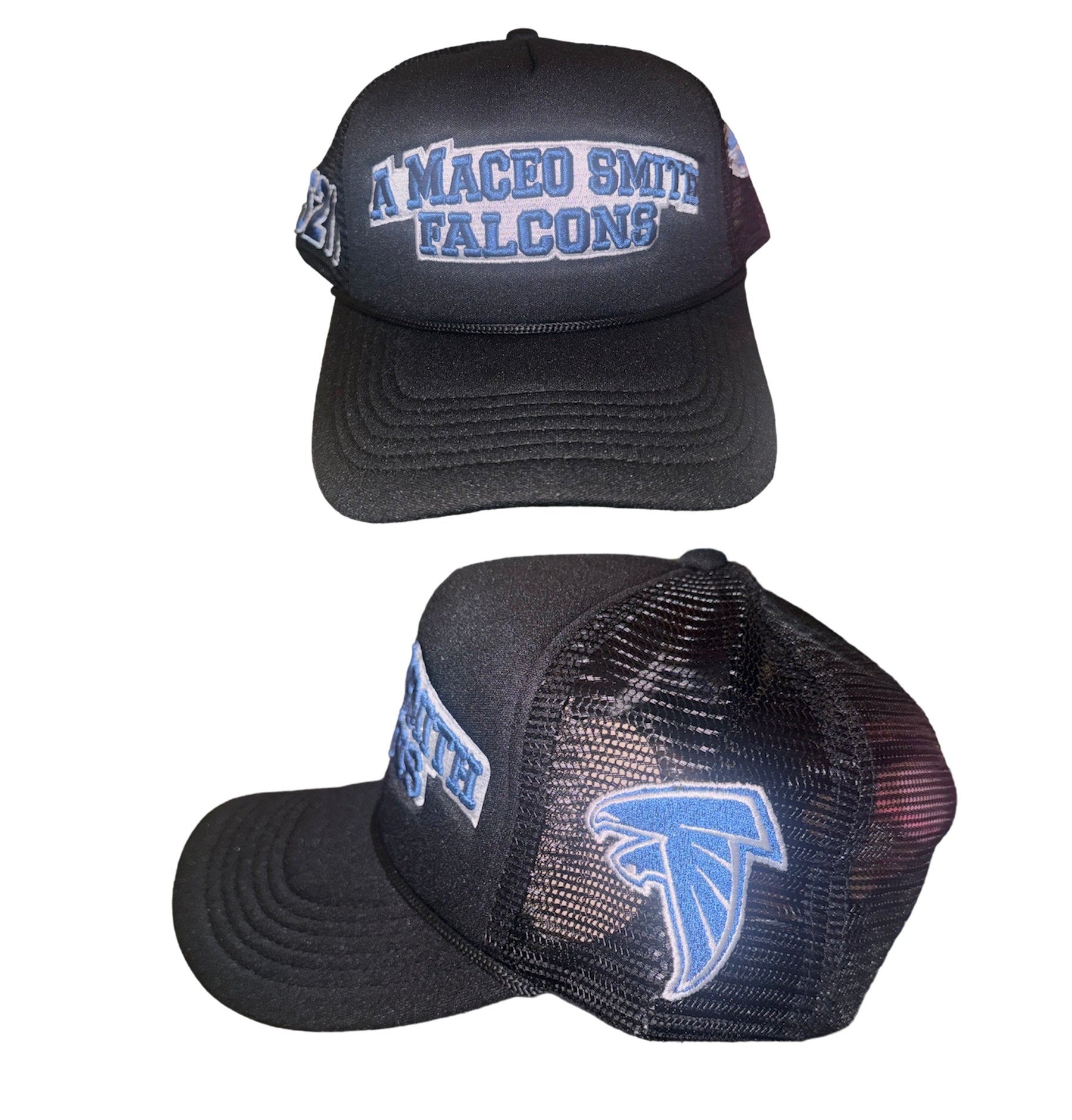 A Maceo Smith  HIGH SCHOOL TRUCKER HATS Black (wrong zip code) on hat reason why it’s discounted