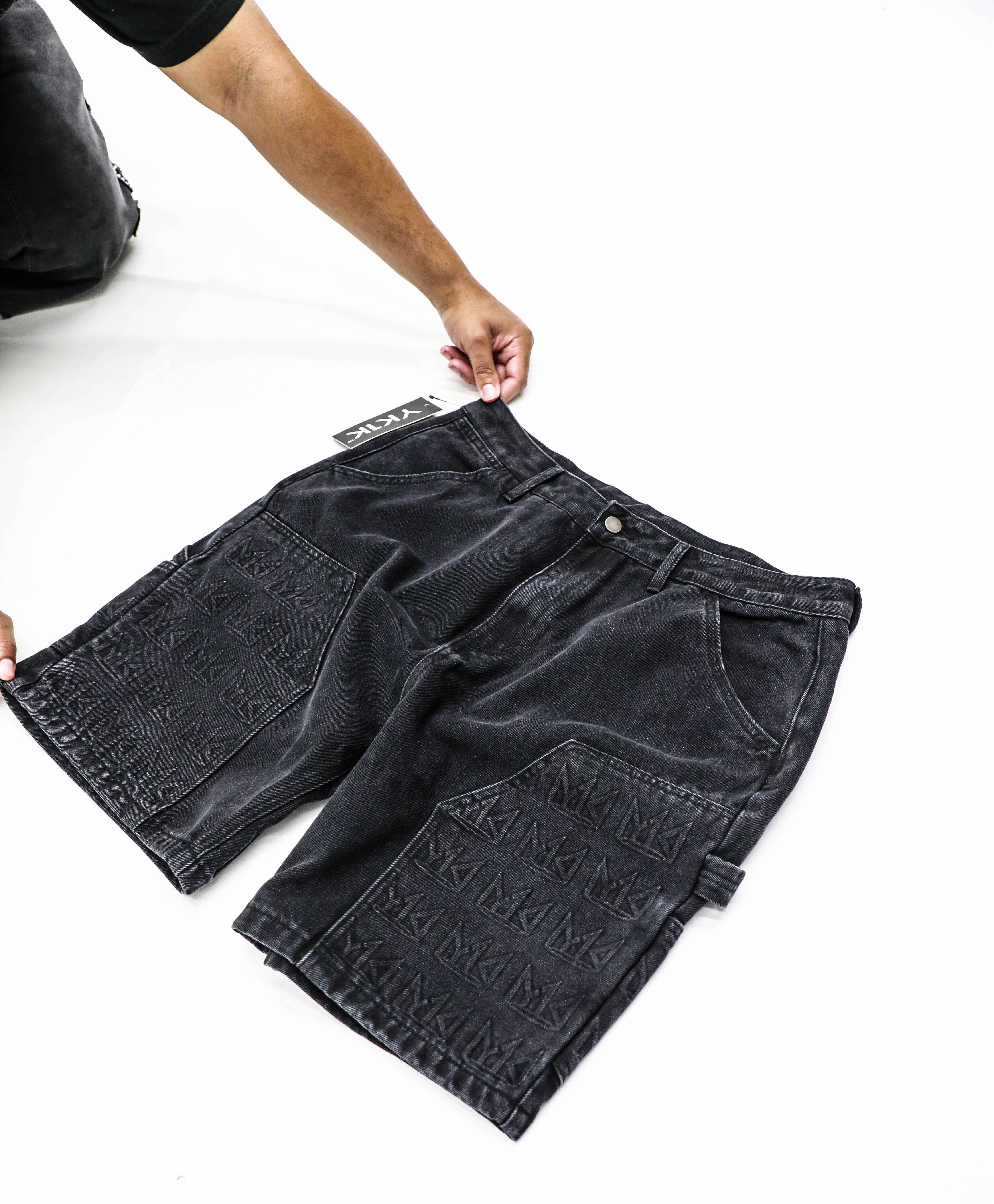YK1K Embellished Denim Workwear Shorts  BLACK