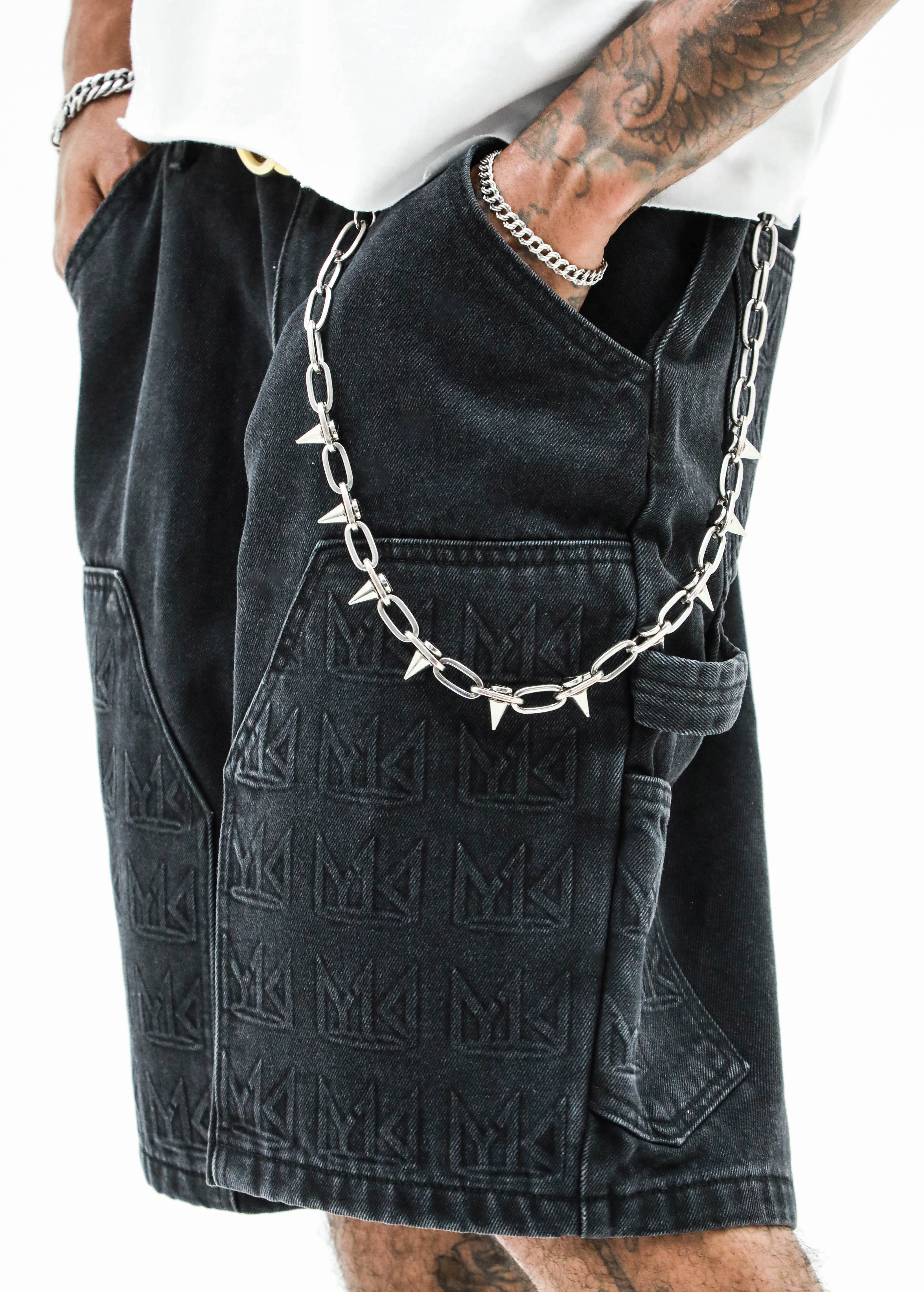 YK1K Embellished Denim Workwear Shorts  BLACK