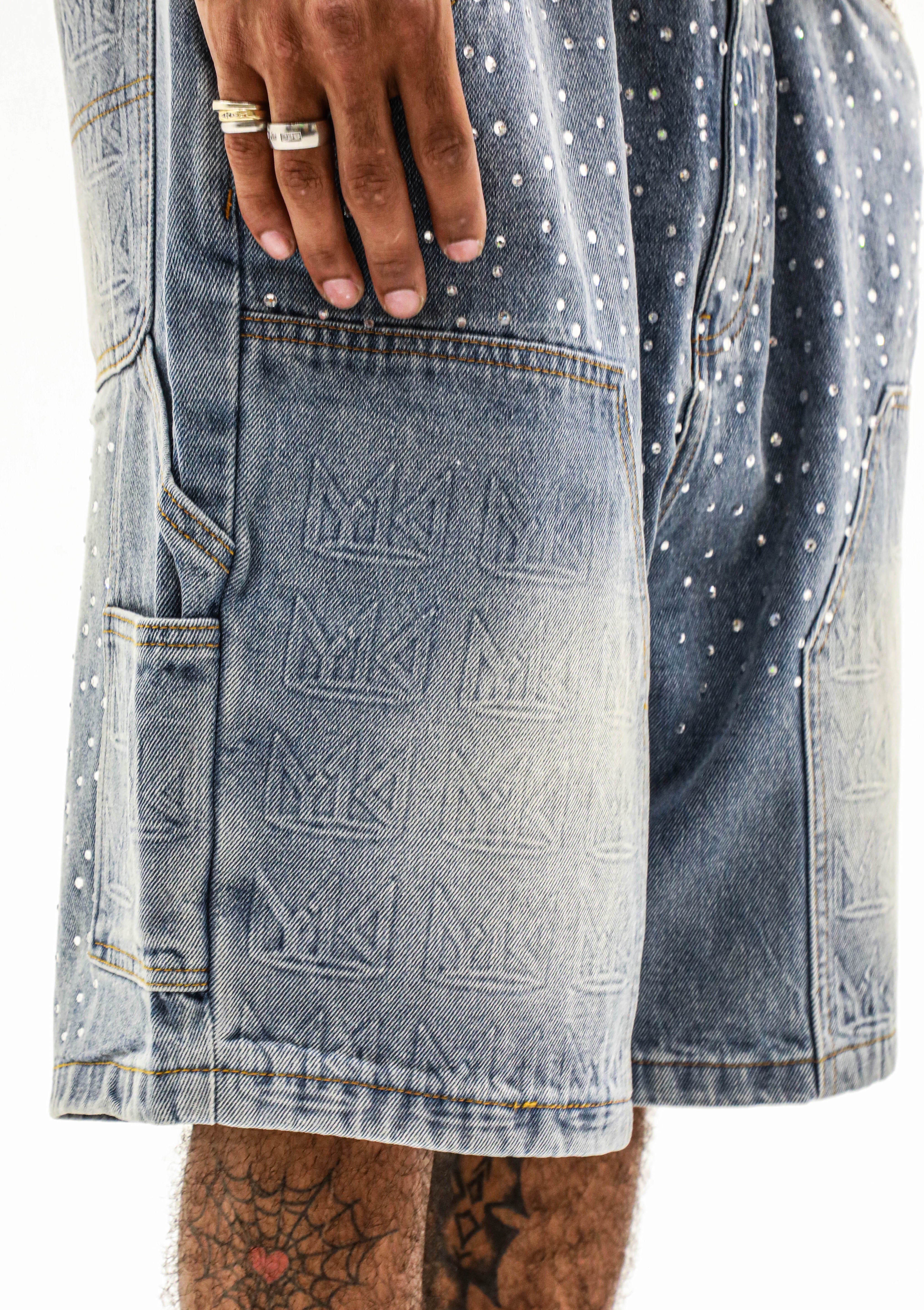 YK1K Embellished Denim Workwear Shorts