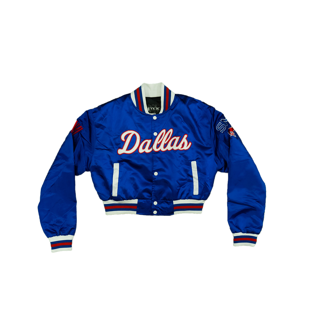 SMU/YK1K WOMENS SATIN CROPPED VARSITY JACKET BLUE