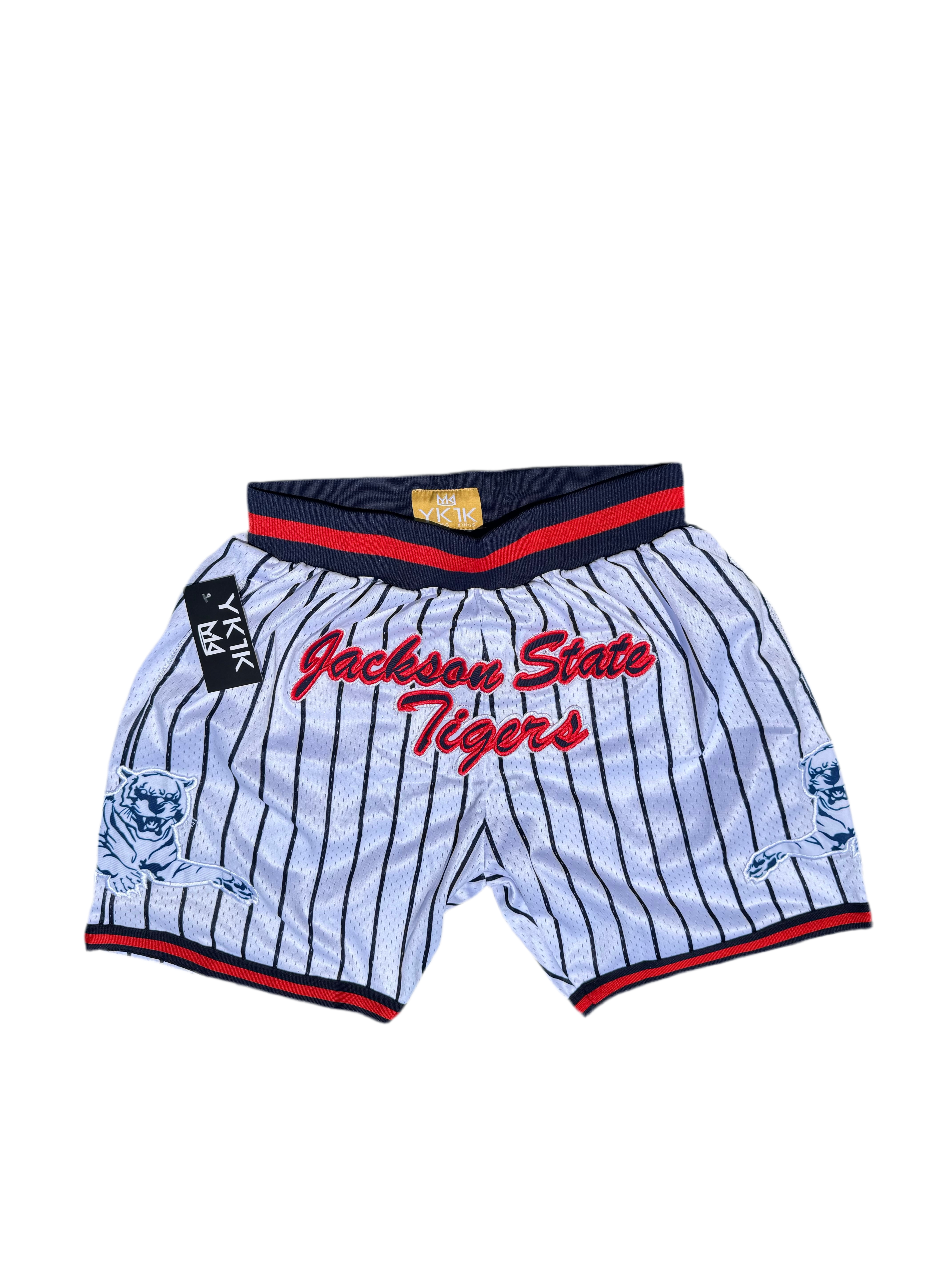 Jackson State Basketball Shorts  White/ Navy Pinstripes