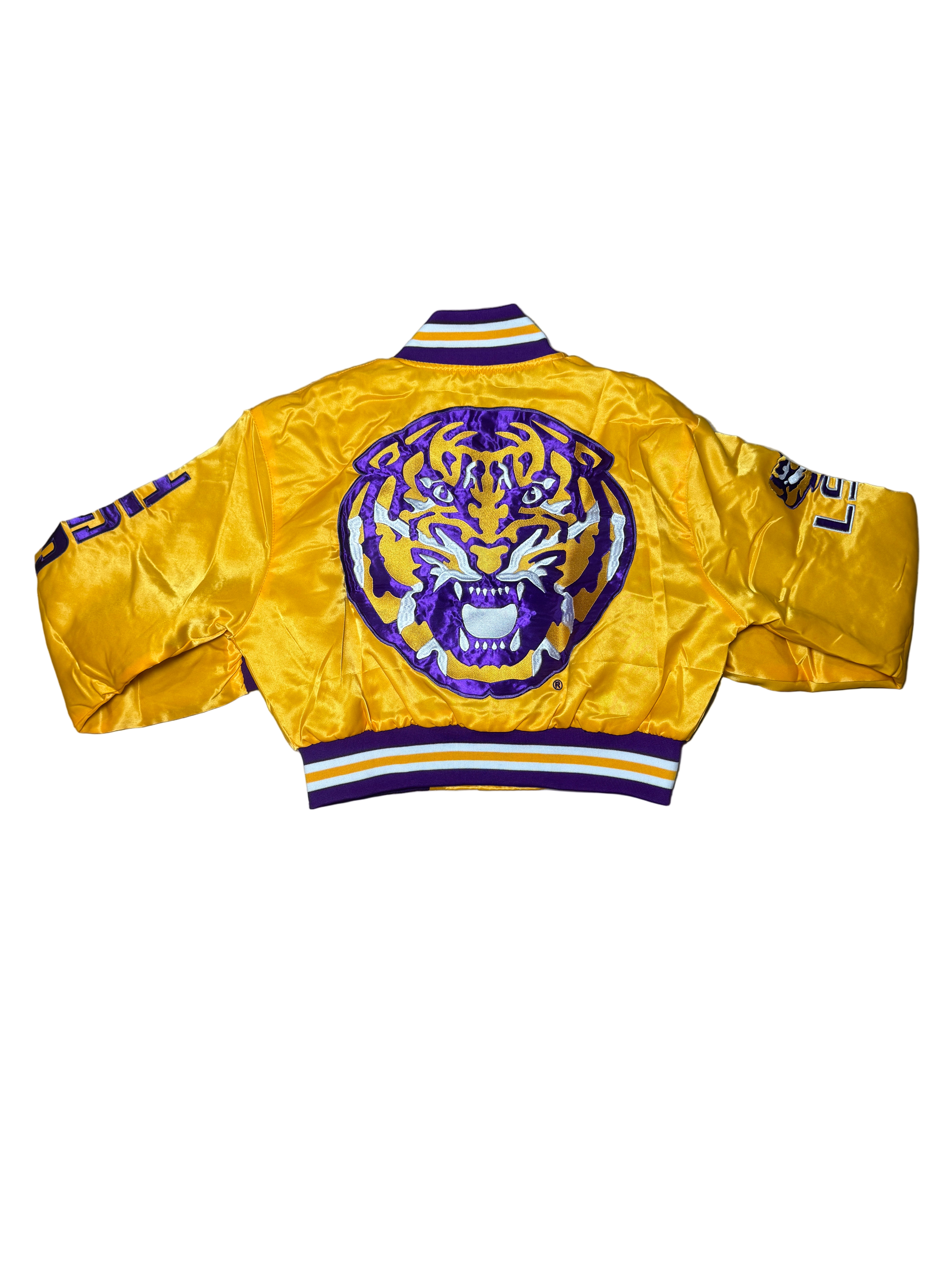LSU YK1K SATIN VARSITY JACKET CROPPED  GOLD