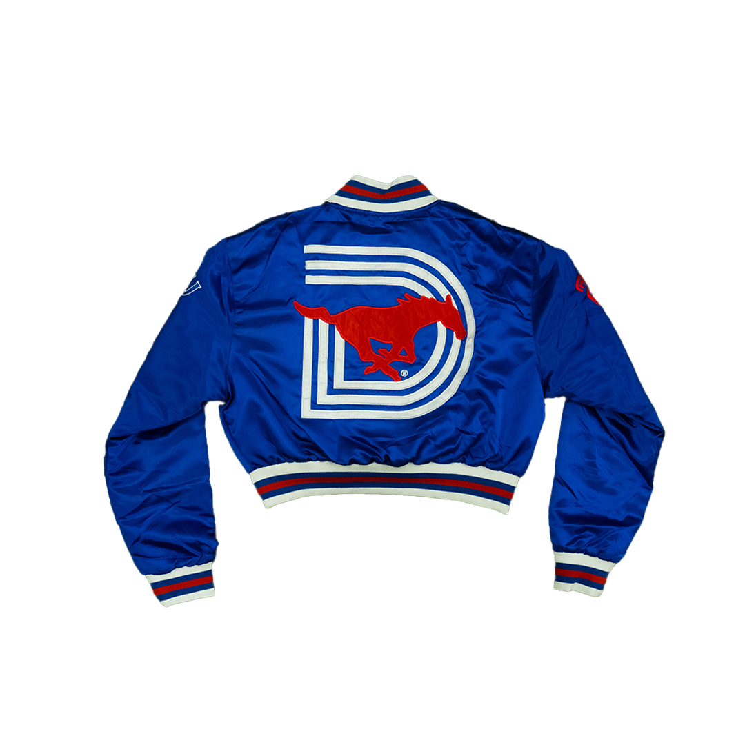 SMU/YK1K WOMENS SATIN CROPPED VARSITY JACKET BLUE