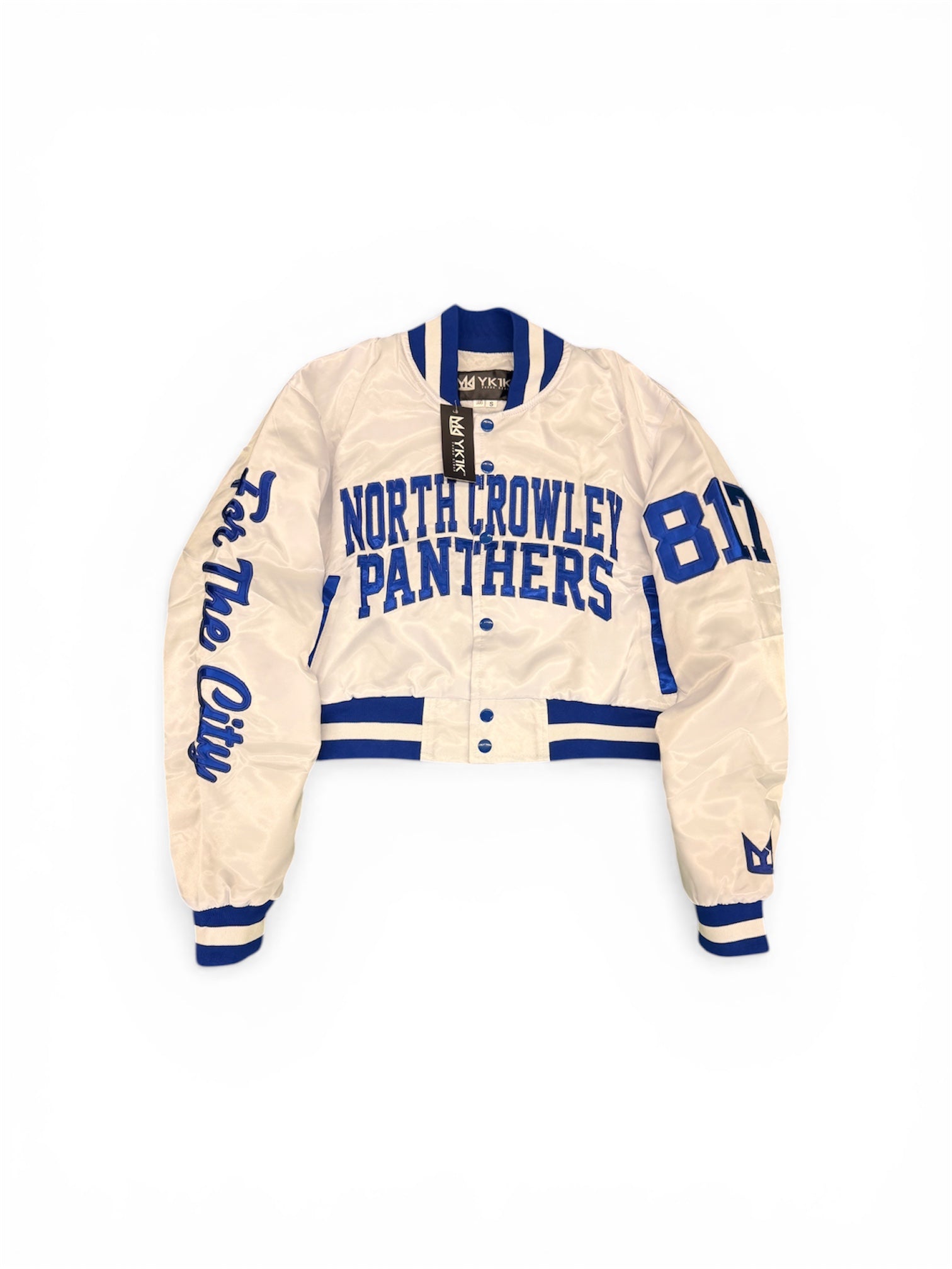 NORTH CROWLEY YK1K SATIN VARSITY JACKET CROPPED  WHITE
