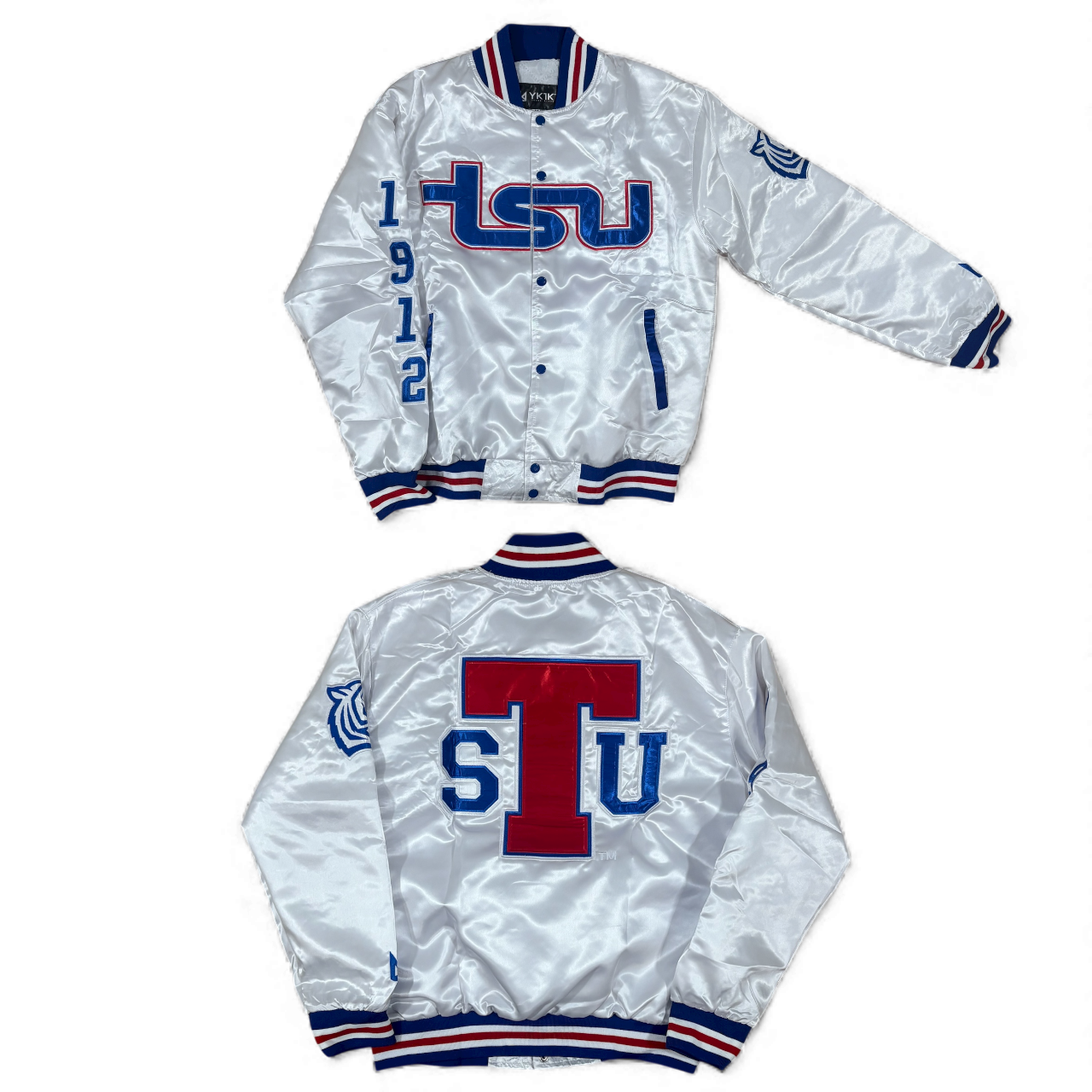 TSU/YK1K SATIN VARSITY JACKET  WHITE