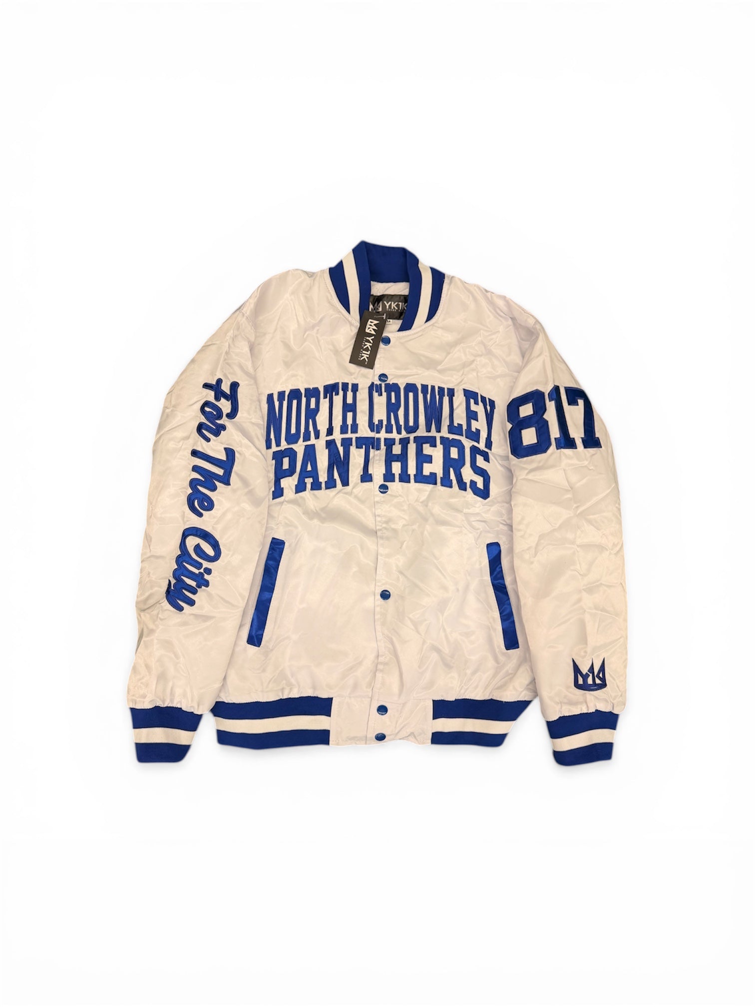 NORTH CROWLEY YK1K SATIN VARSITY JACKET WHITE