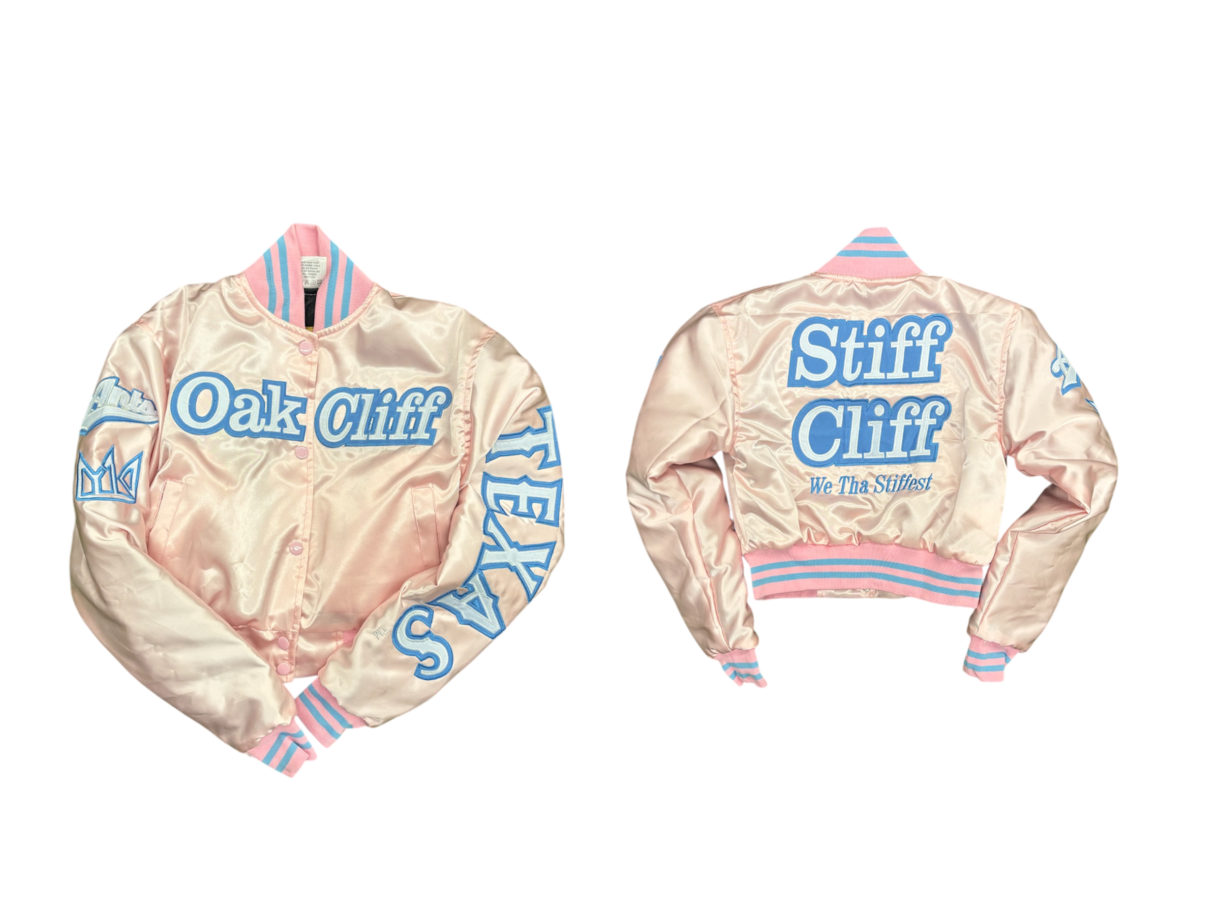 OAK CLIFF CROPPED SATIN VARSITY JACKET PINK