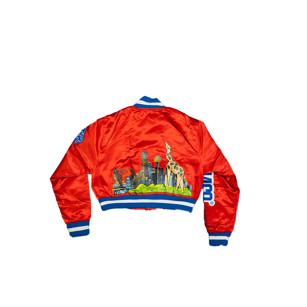 THIS IS DALLAS CROPPED SATIN VARSITY JACKET RED