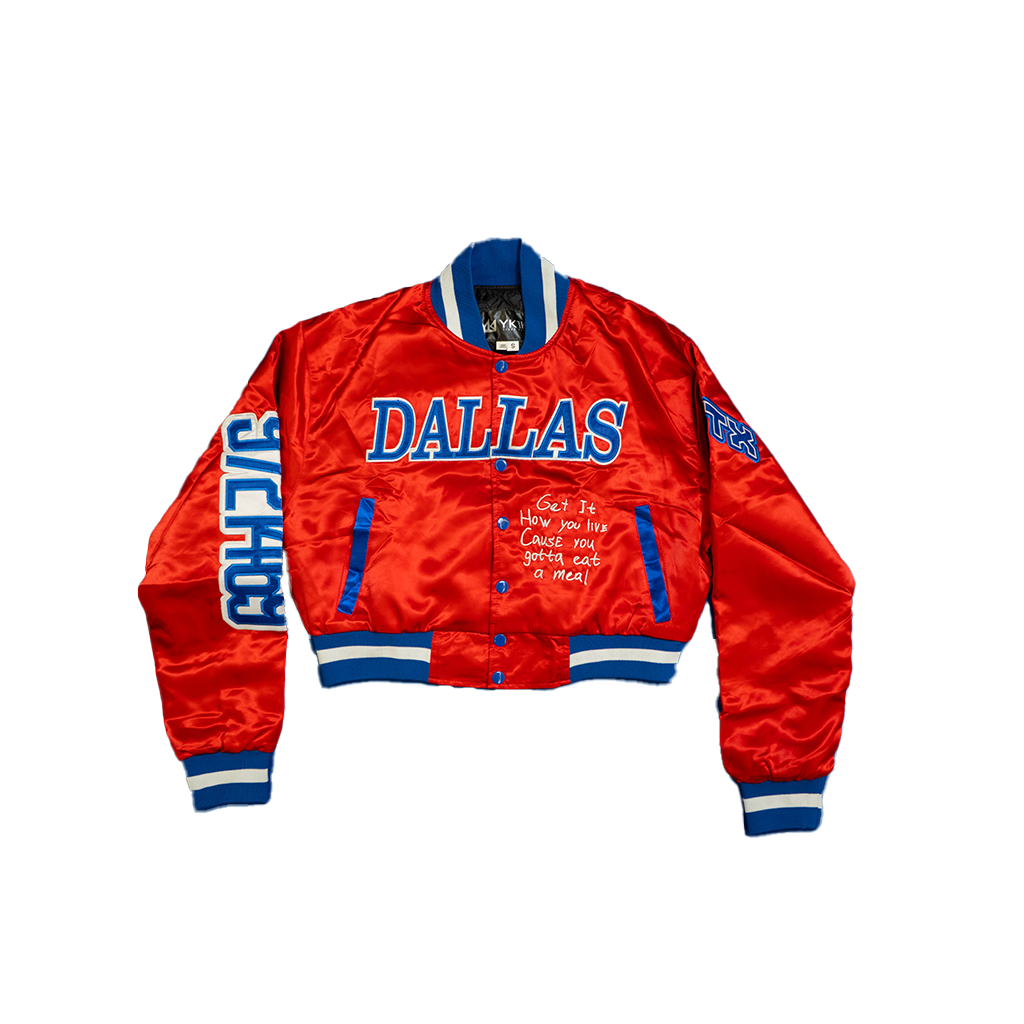 THIS IS DALLAS CROPPED SATIN VARSITY JACKET RED