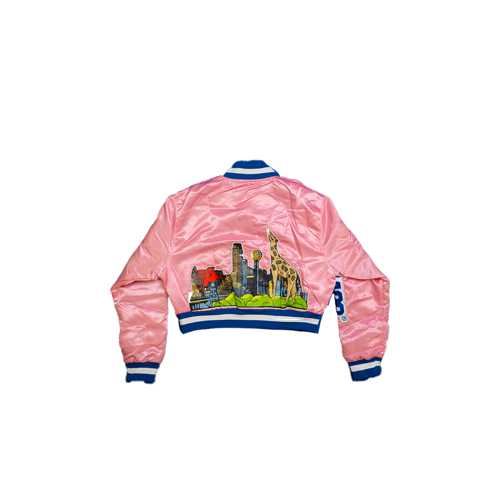 THIS IS DALLAS CROPPED SATIN VARSITY JACKET PINK