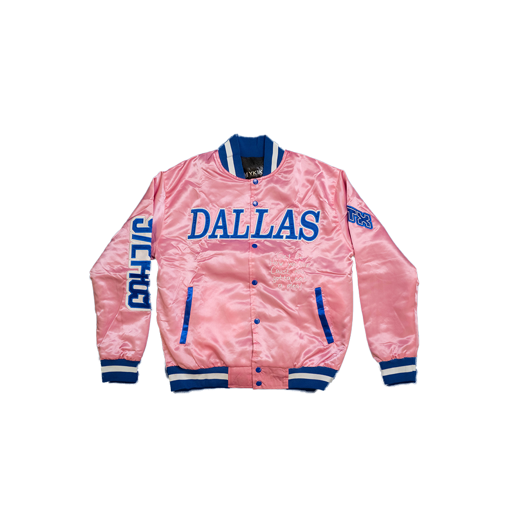 THIS IS DALLAS VARSITY JACKET PINK