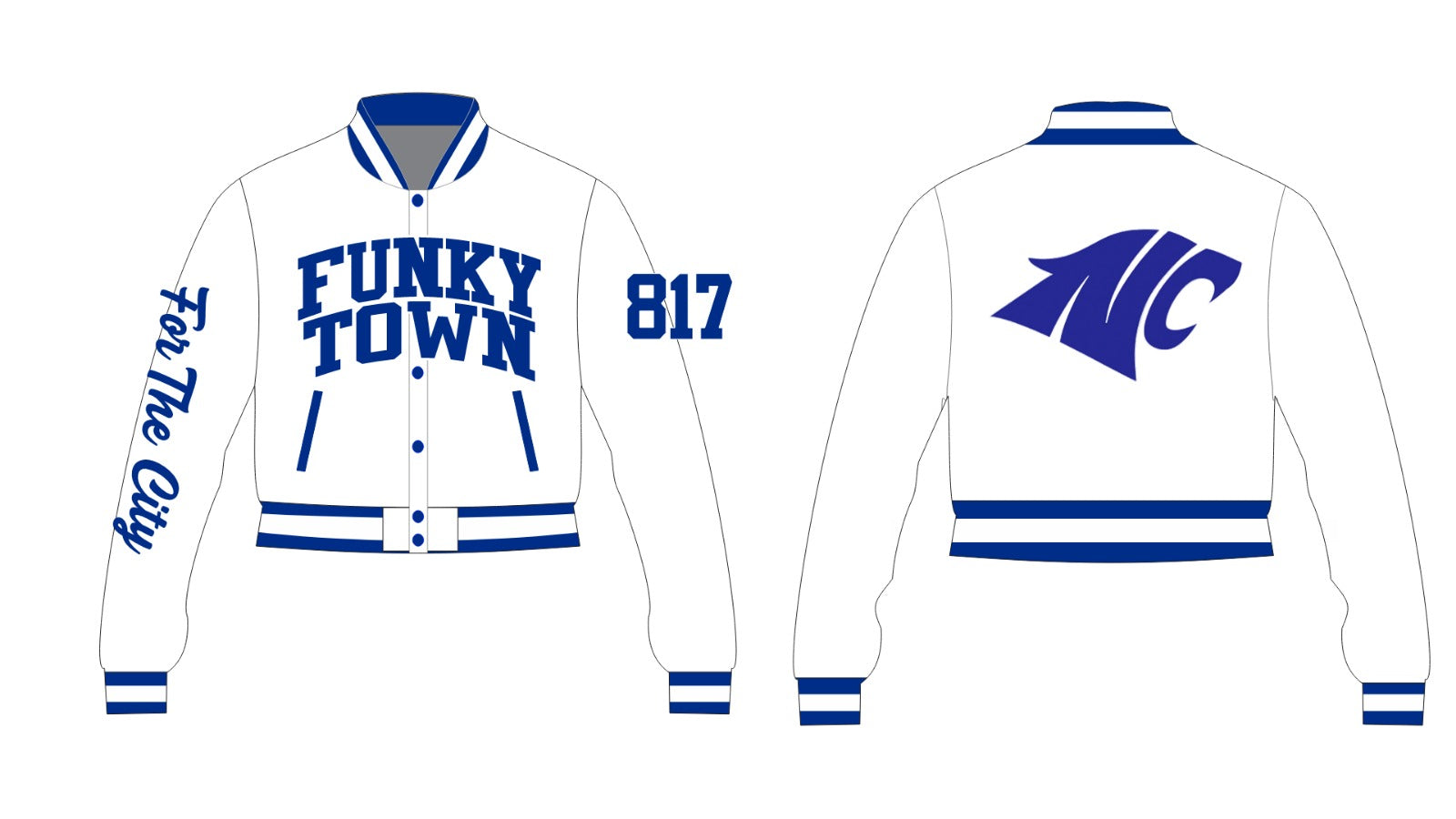 NORTH CROWLEY  FUNKY TOWN YK1K SATIN VARSITY JACKET CROPPED  WHITE PRE-ORDER