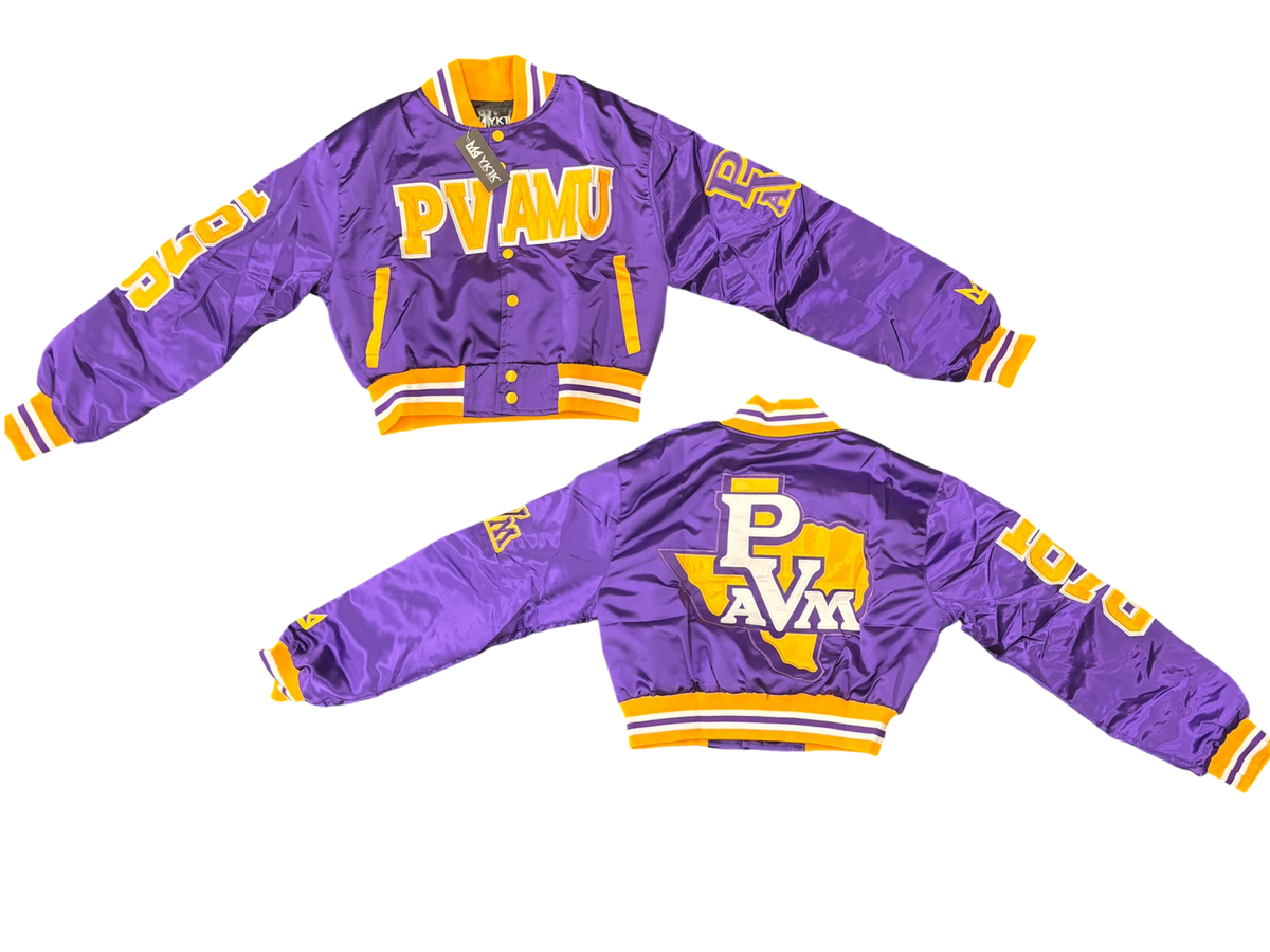 PVAMU YK1K SATIN VARSITY JACKET CROPPED PURPLE