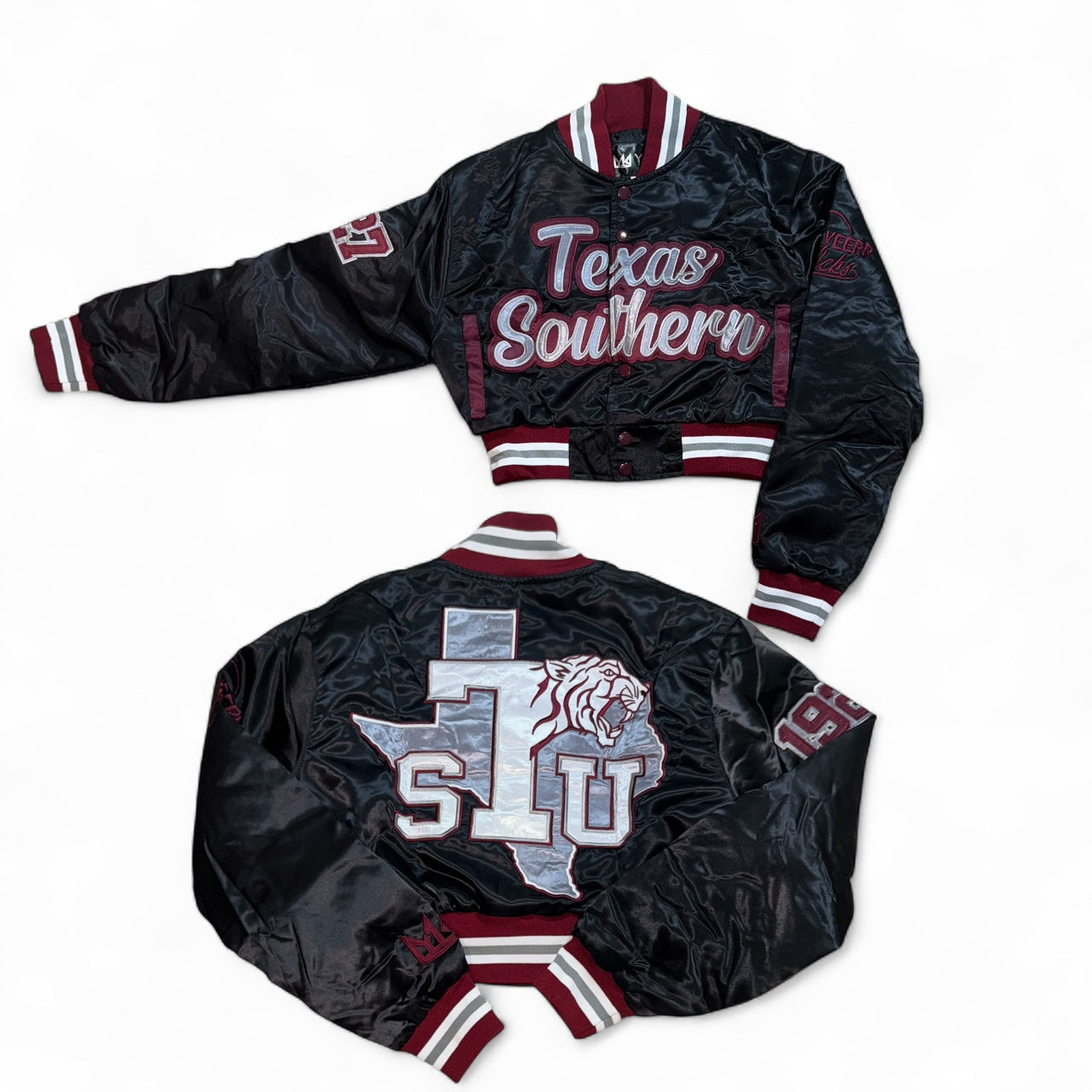 TEXAS SOUTHERN UNIVERSITY YK1K SATIN VARSITY JACKET CROPPED BLACK