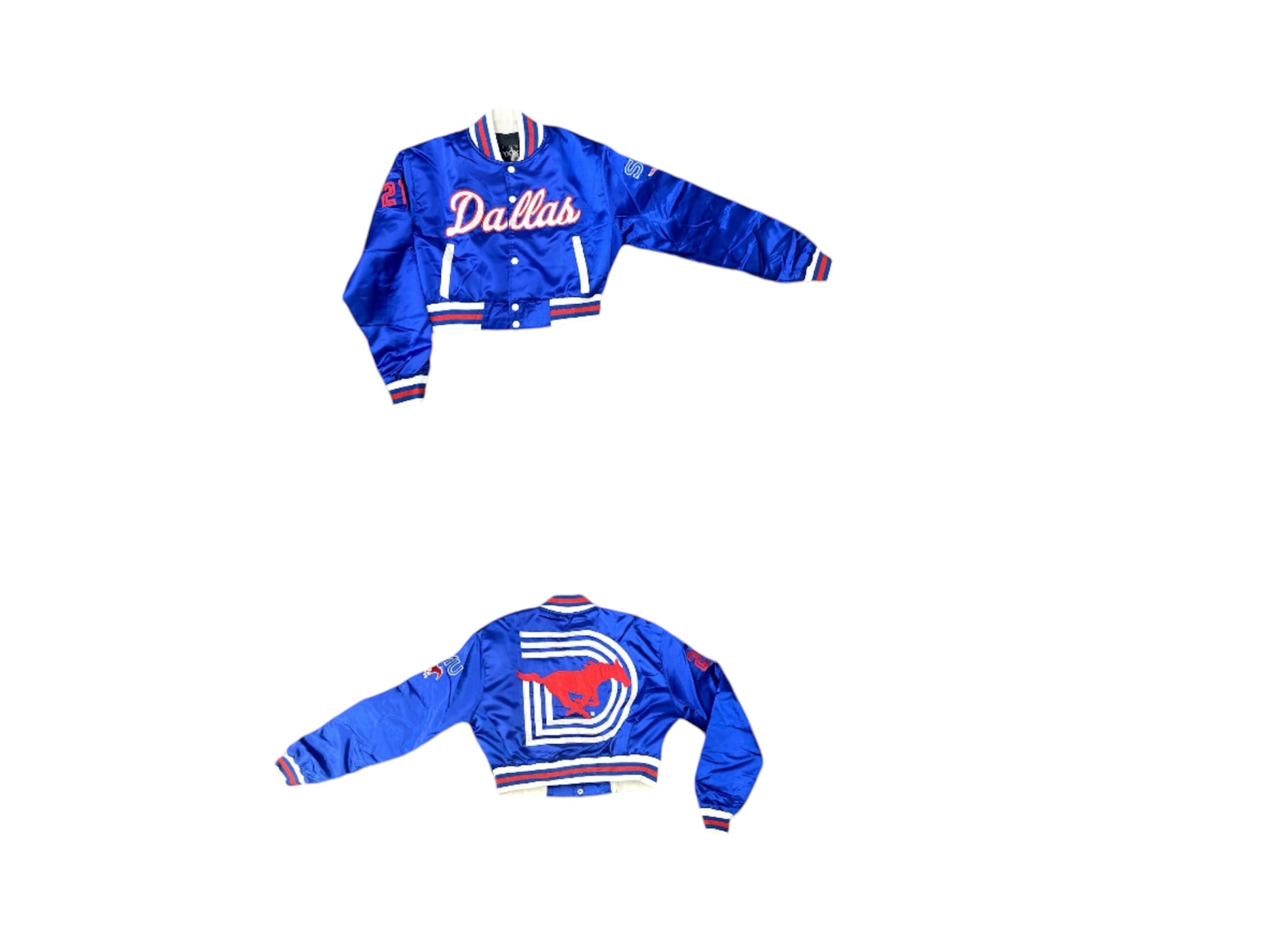 SMU/YK1K WOMENS SATIN CROPPED VARSITY JACKET BLUE PRE-ORDER