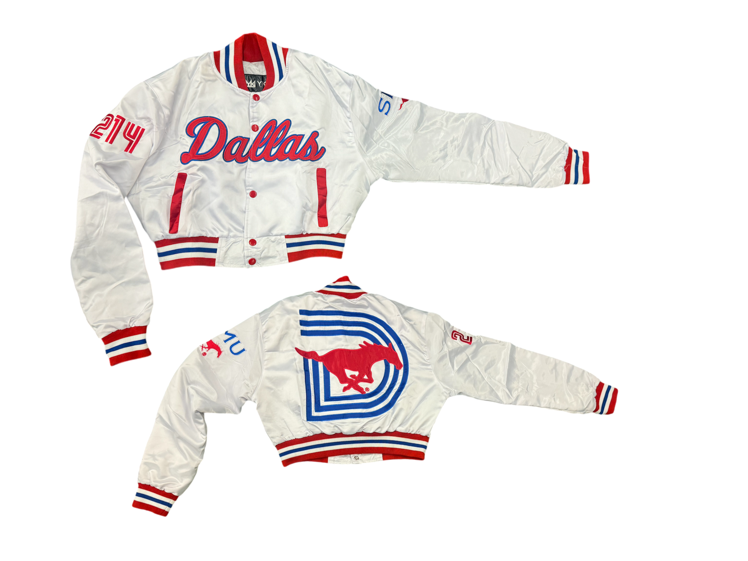 SMU/YK1K WOMENS SATIN CROPPED VARSITY JACKET WHITE PRE-ORDER