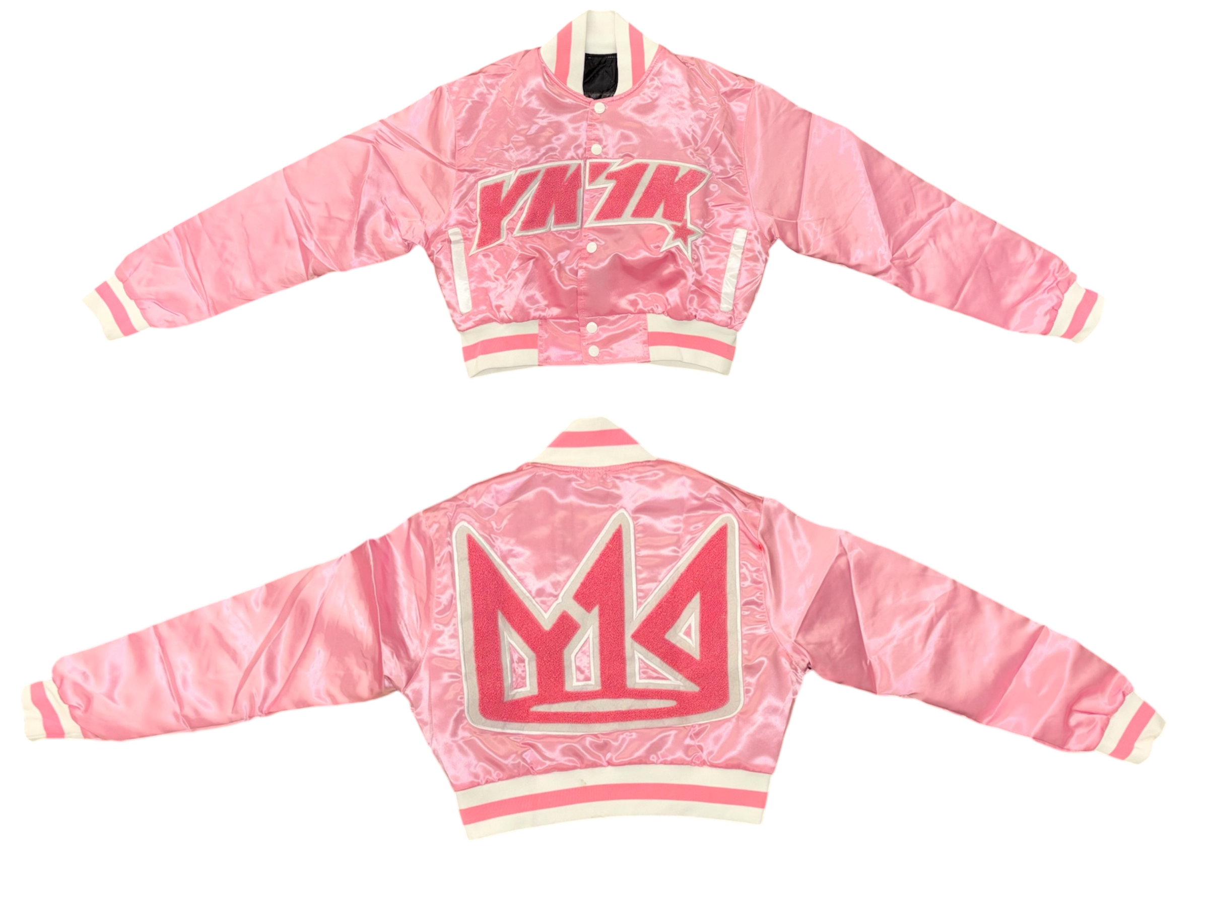 YK1K WOMENS SATIN CROPPED VARSITY JACKET PINK 2.0