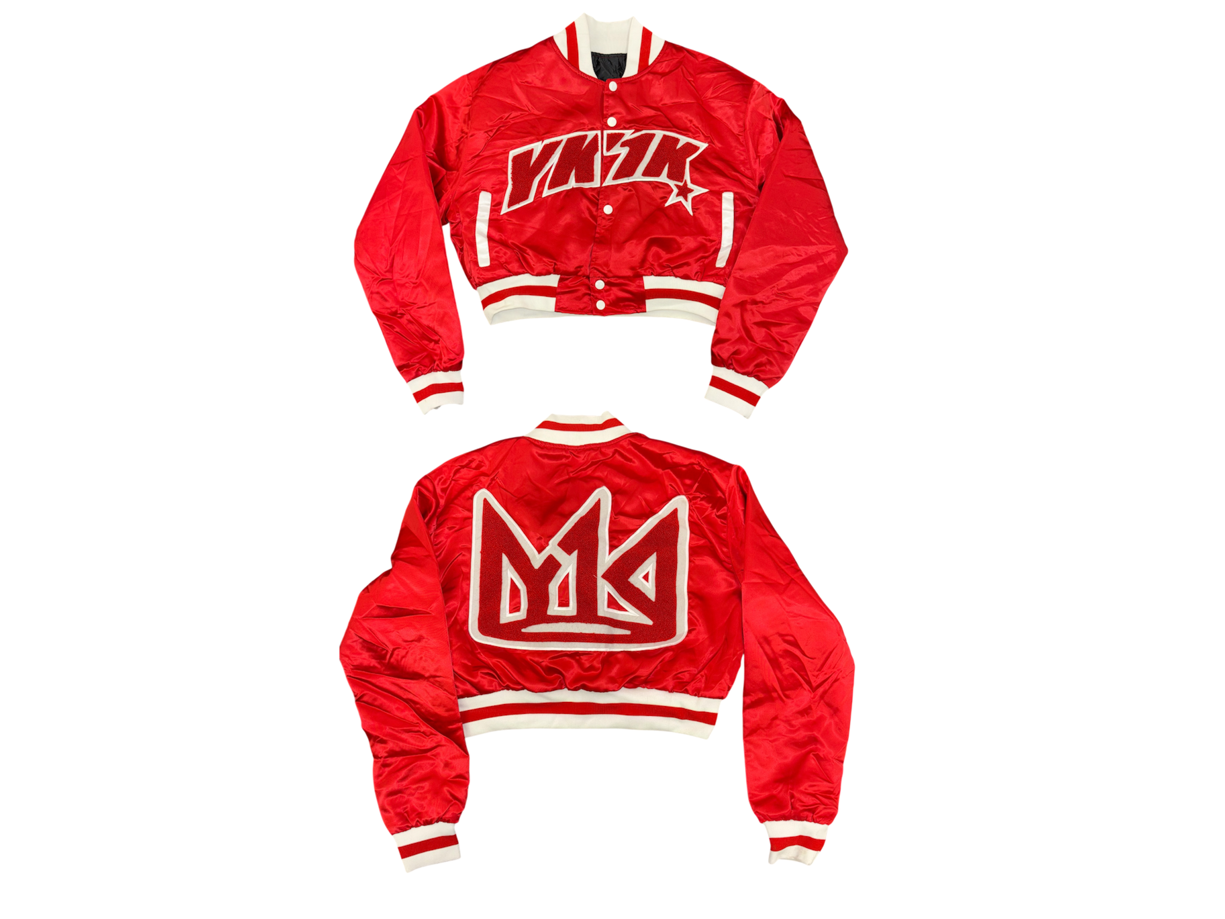 YK1K WOMENS SATIN CROPPED VARSITY JACKET RED 2.0