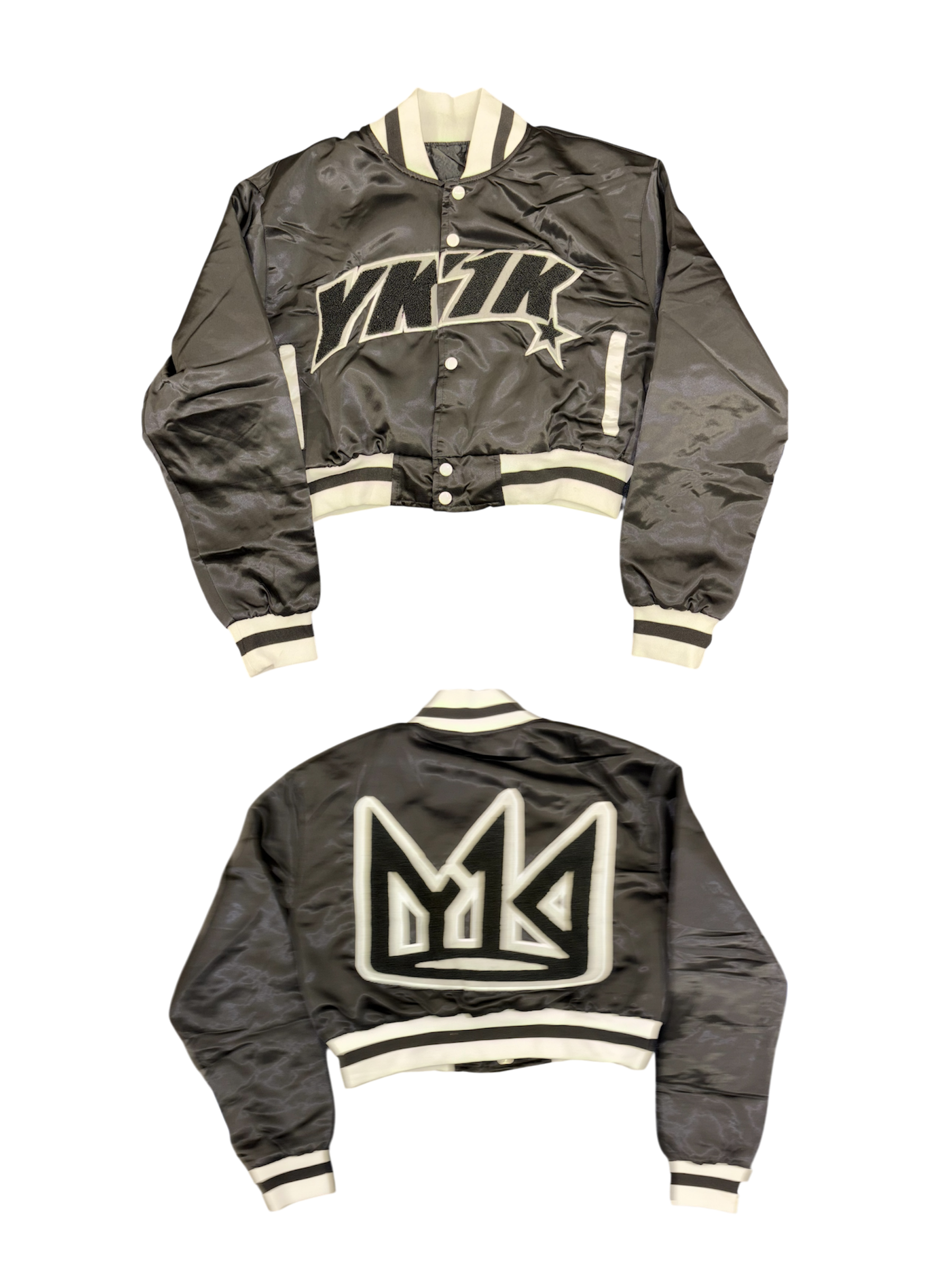 YK1K WOMENS SATIN CROPPED VARSITY JACKET Black