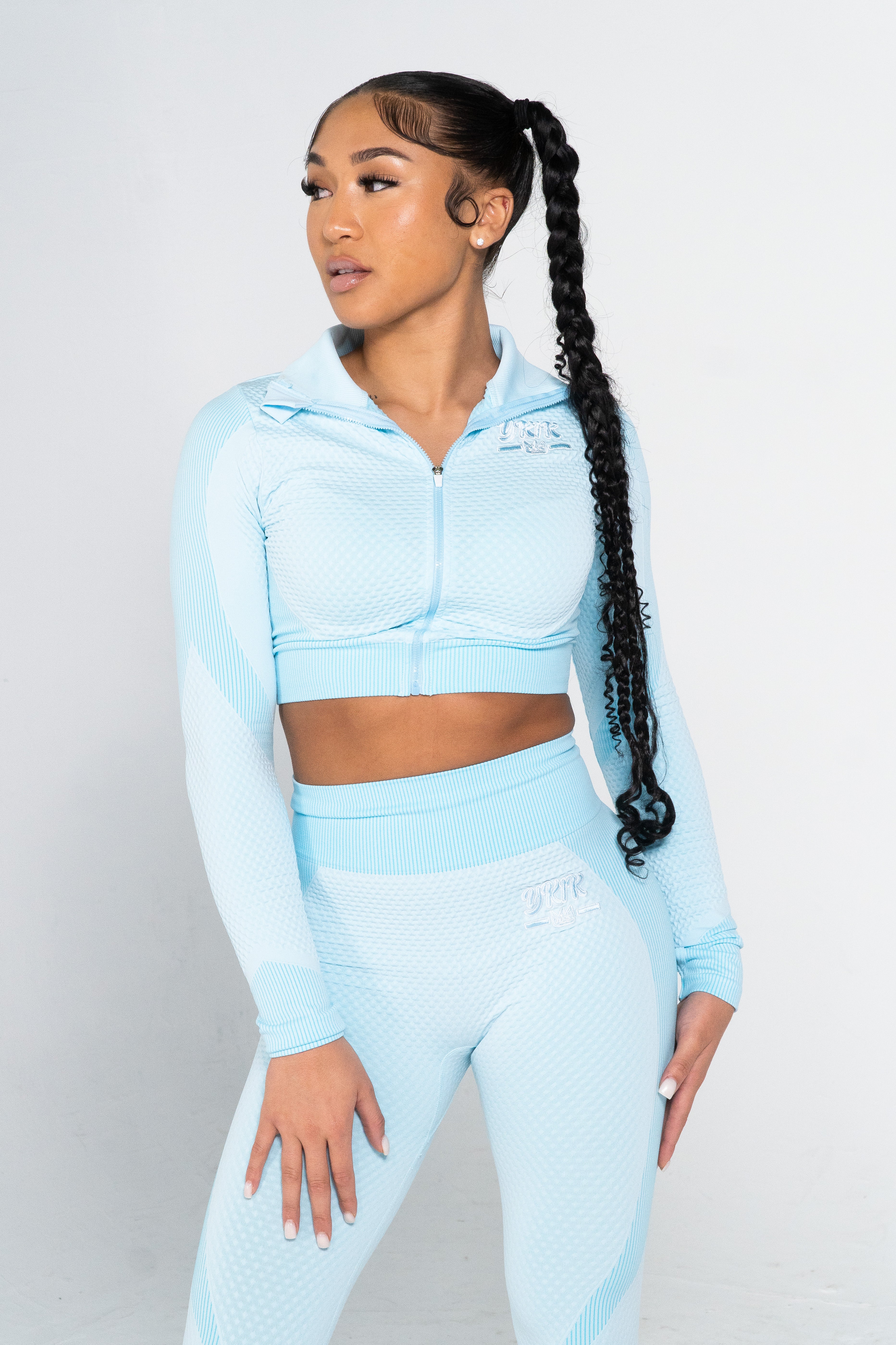 YK1K Women's 2 Piece Tracksuit Workout Set - Crop Top & High Waist Leggings Blue