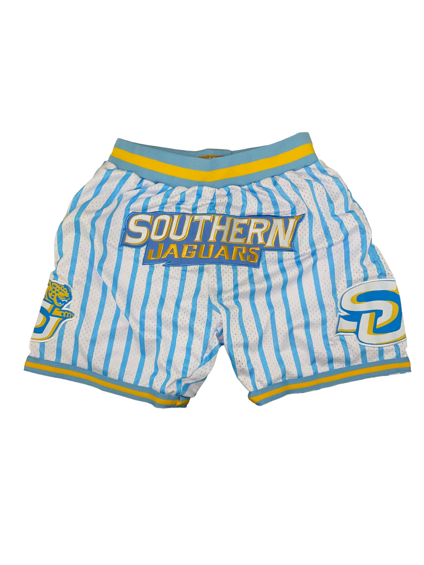 SOUTHERN UNIVERSITY BASKETBALL SHORTS WHITE COLUMBIA BLUE PINSTRIPES